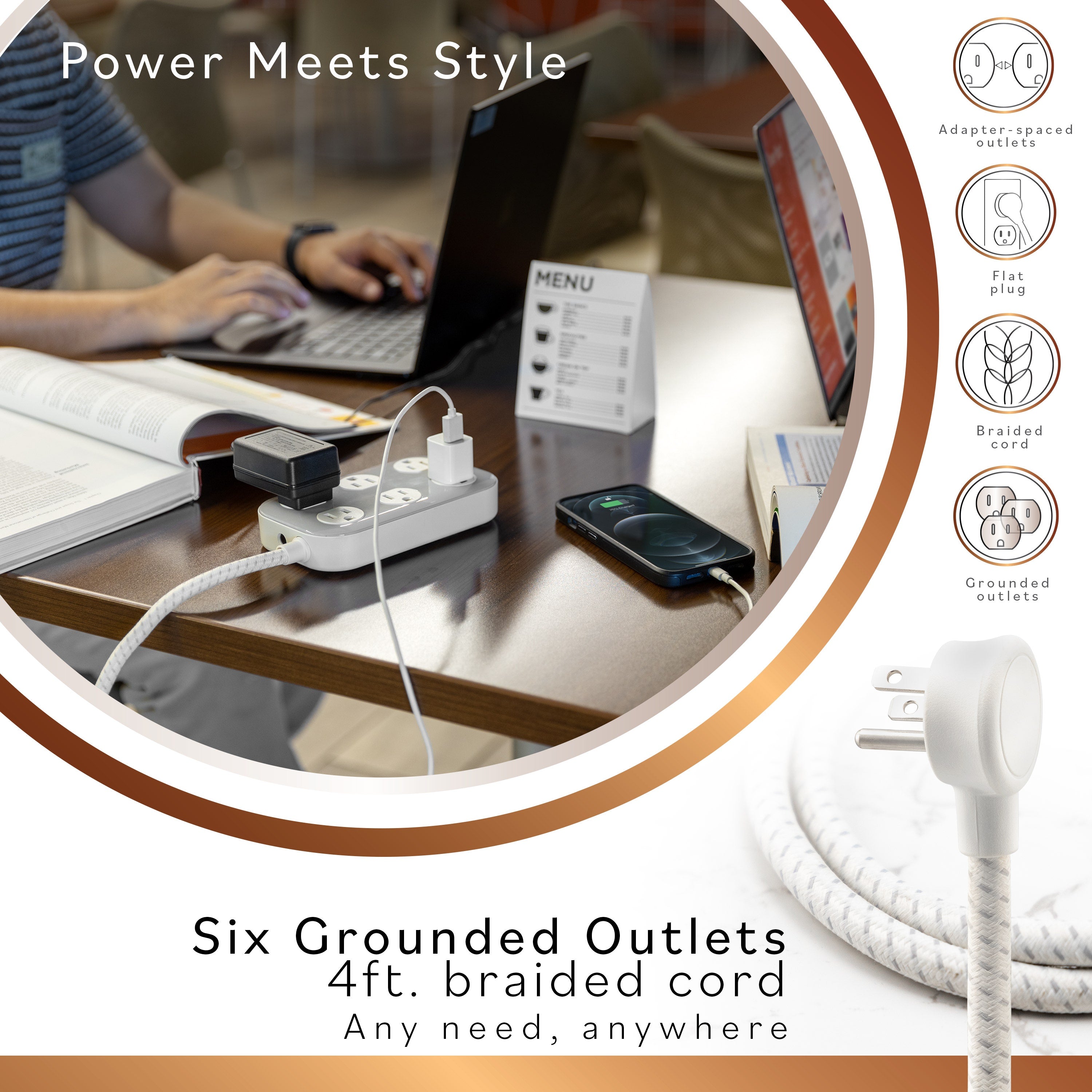 Cordinate ADAPT 6-Outlet 4ft. Braided Extension Cord with Surge Protection, Cream/Gray