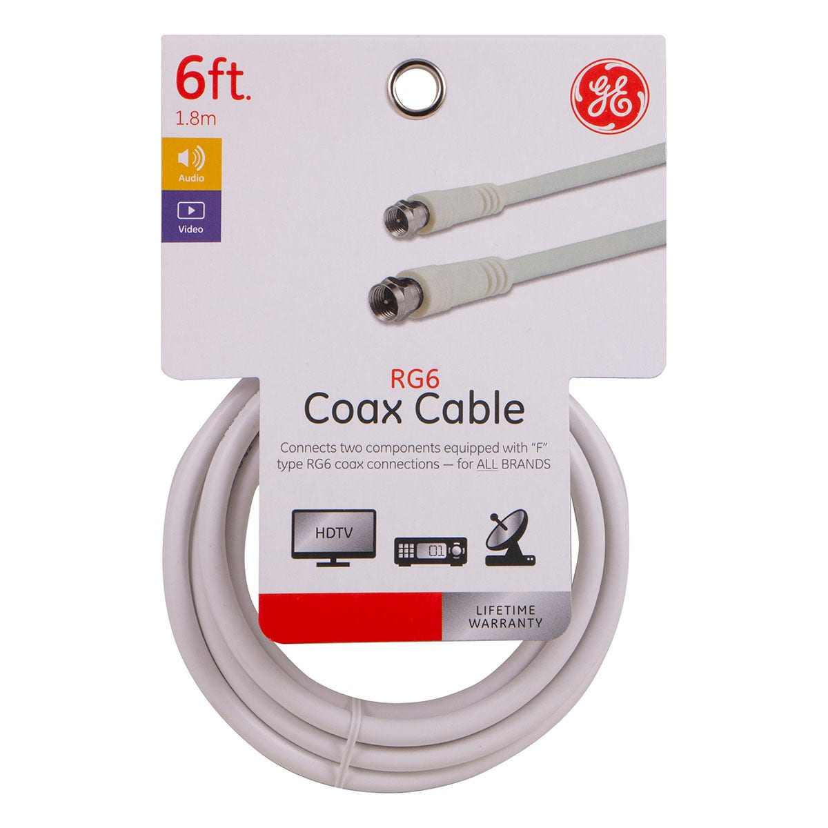 GE 6ft. RG6 Coaxial Cable with F-Type Connectors, White