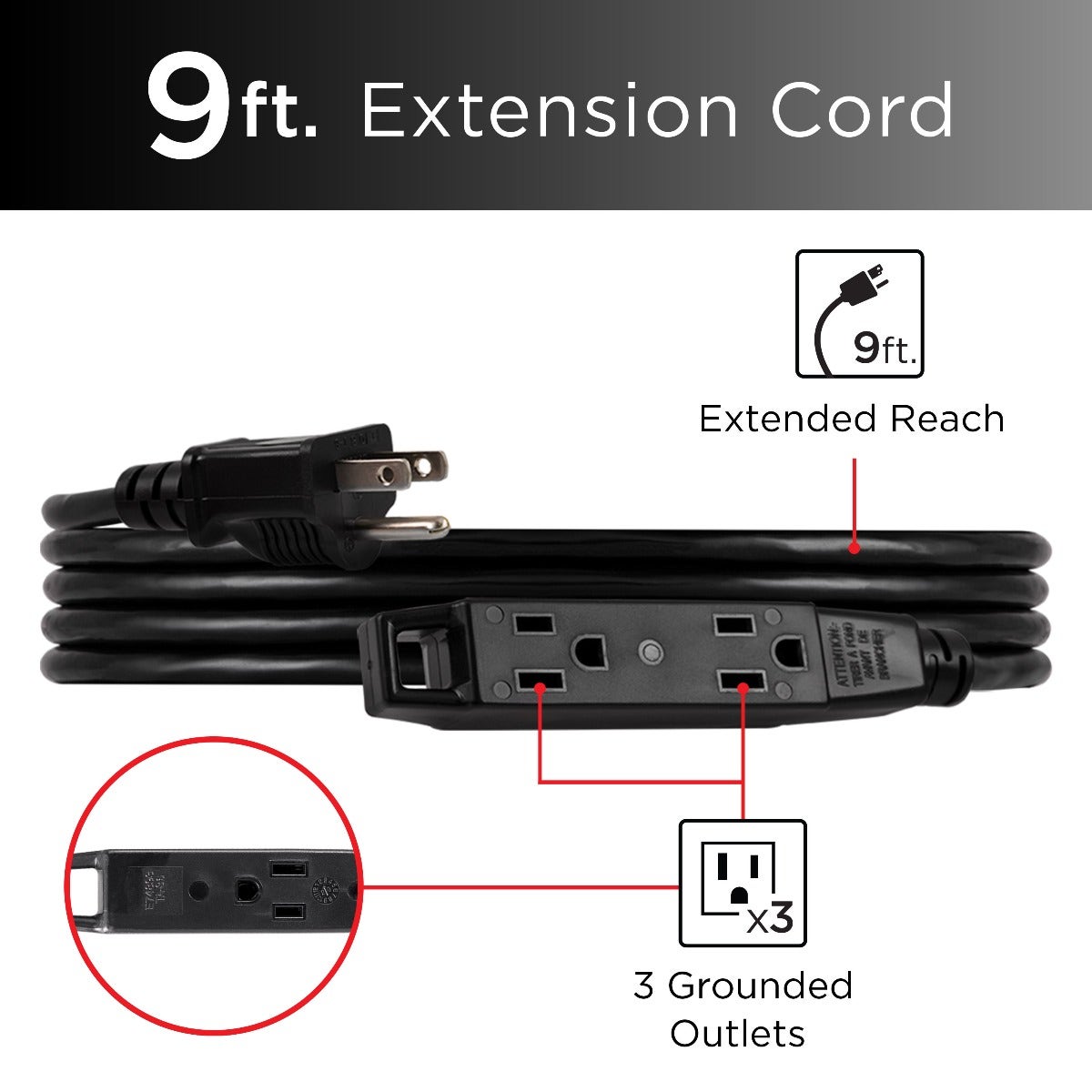 UltraPro 3-Outlet 9ft. Heavy Duty Indoor/Outdoor Extension Cord, Black