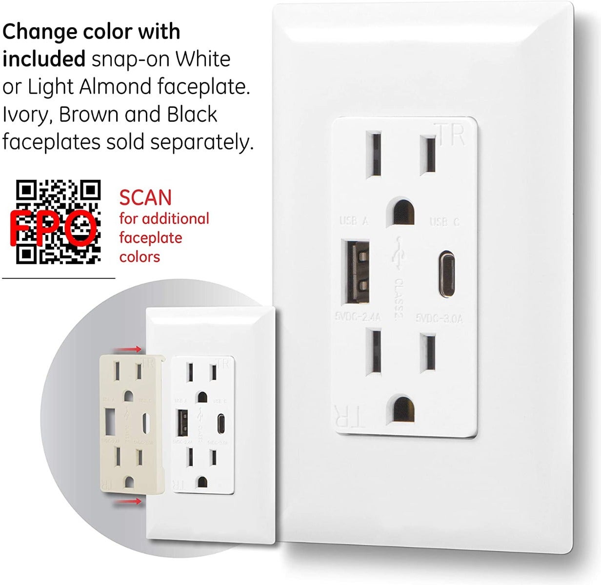 GE UltraPro 2-Outlet 1-USB-C 1-USB Tamper Resistant Receptacle with Changeable Faceplates, White/Almond