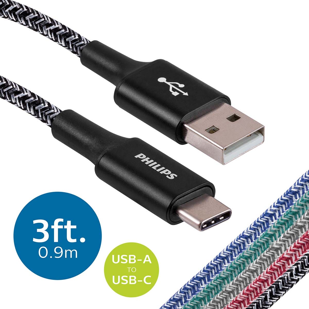 Philips 3ft. USB-A to USB-C Cable Braided Charging Cable, Black