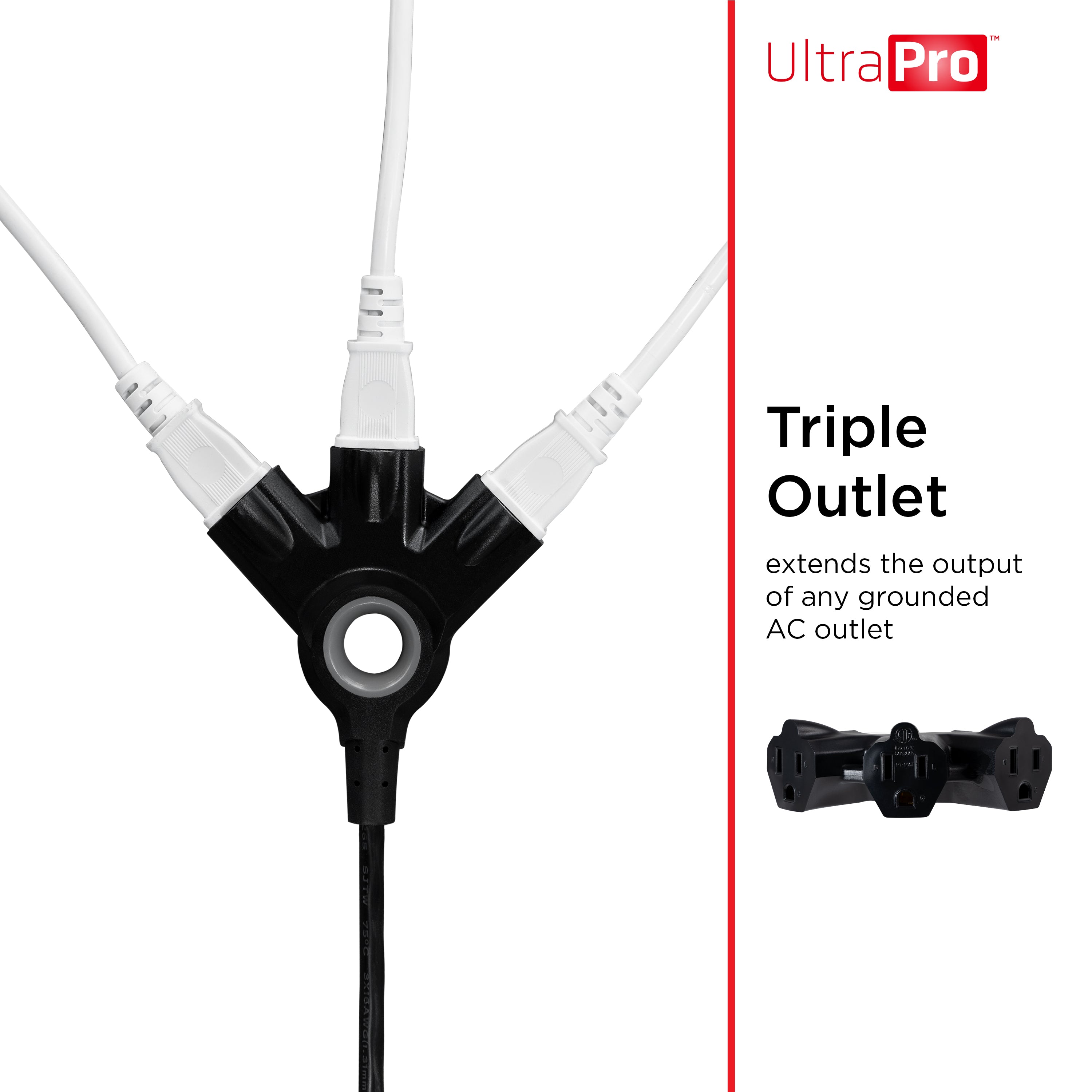 UltraPro 3-Outlet Grounded Extension Cord, Indoor/Outdoor, 16 Gauge, 25ft., Black