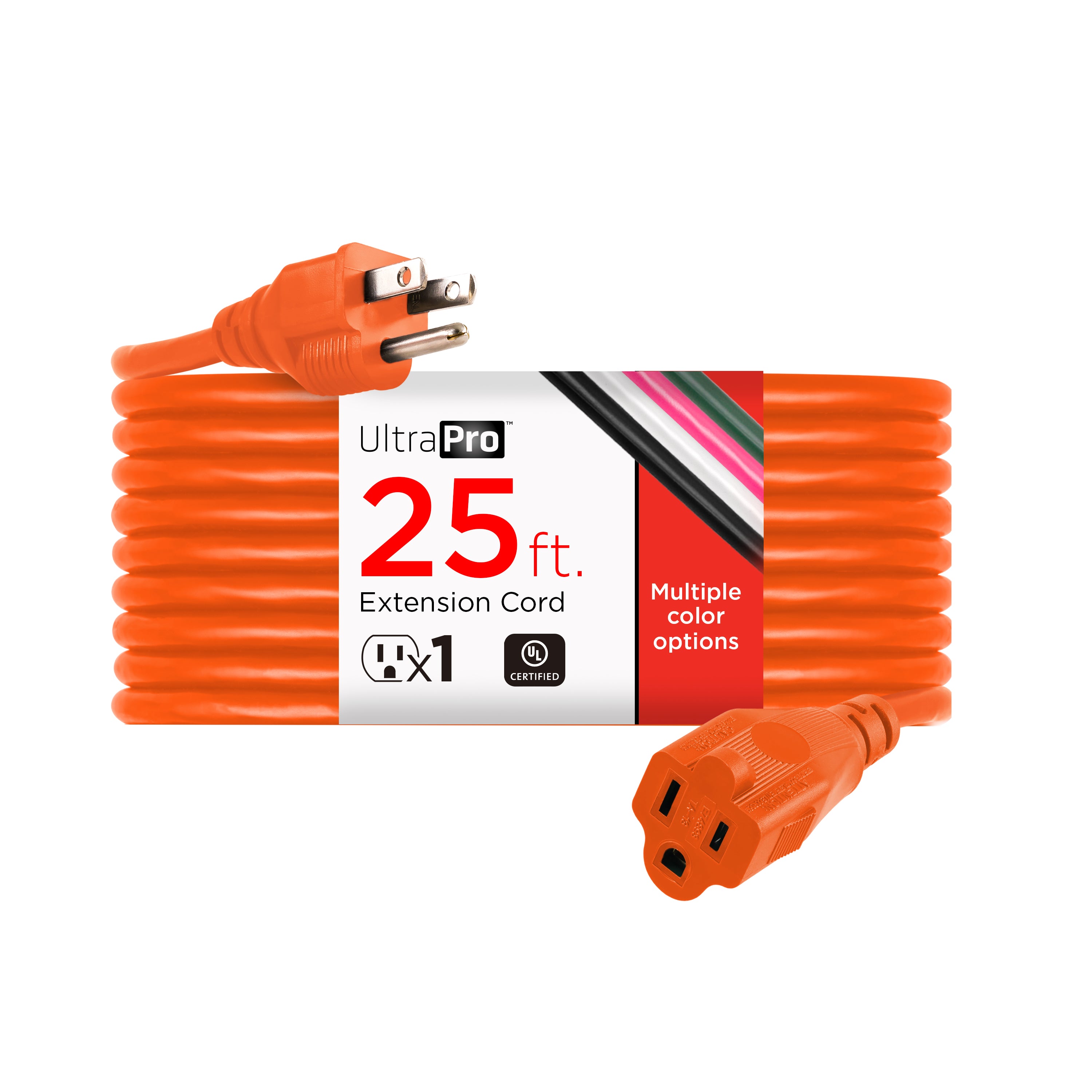 UltraPro 1-Outlet Grounded Extension Cord, Indoor/Outdoor, 16 Gauge, 25ft., Orange