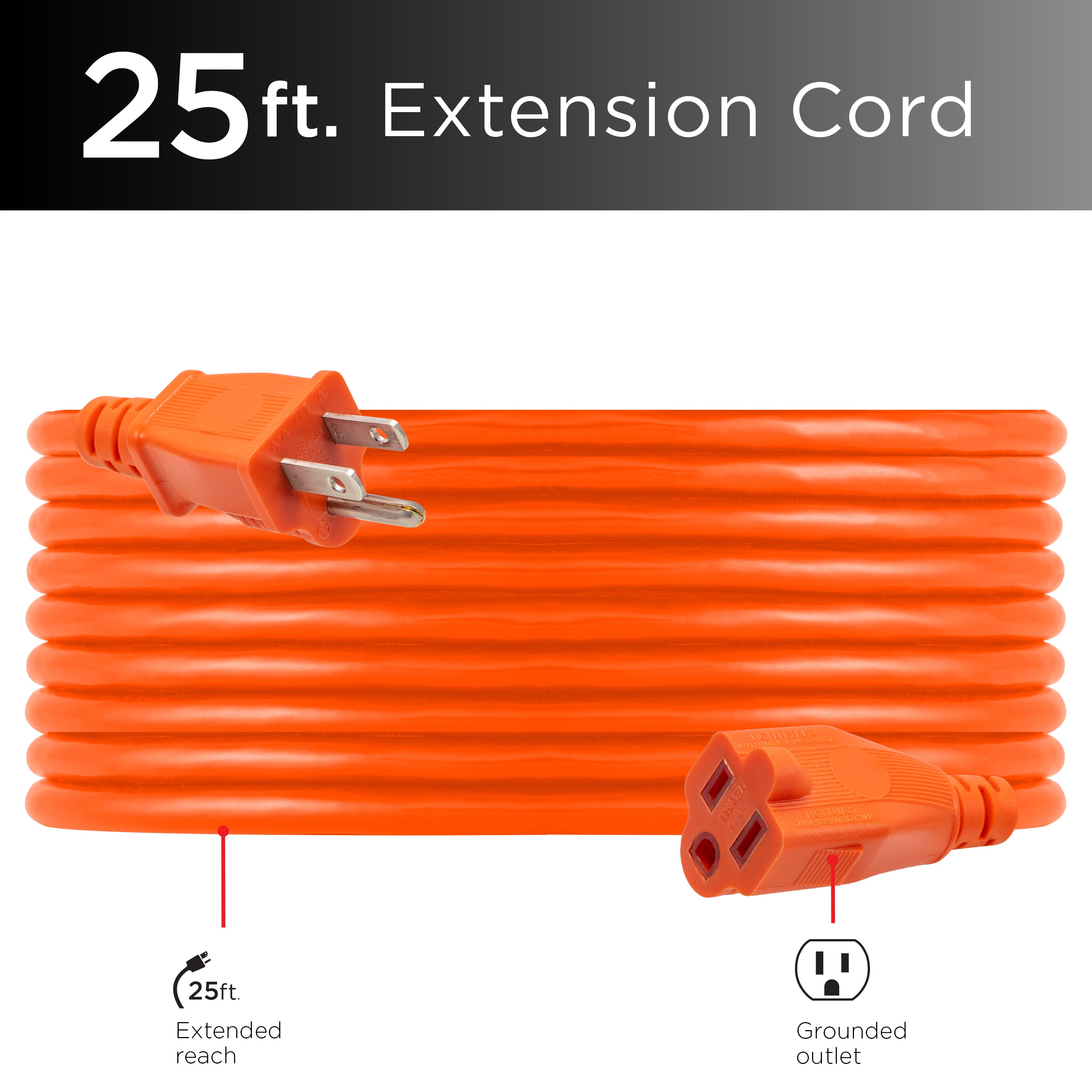 UltraPro 1-Outlet Grounded Extension Cord, Indoor/Outdoor, 16 Gauge, 25ft., Orange