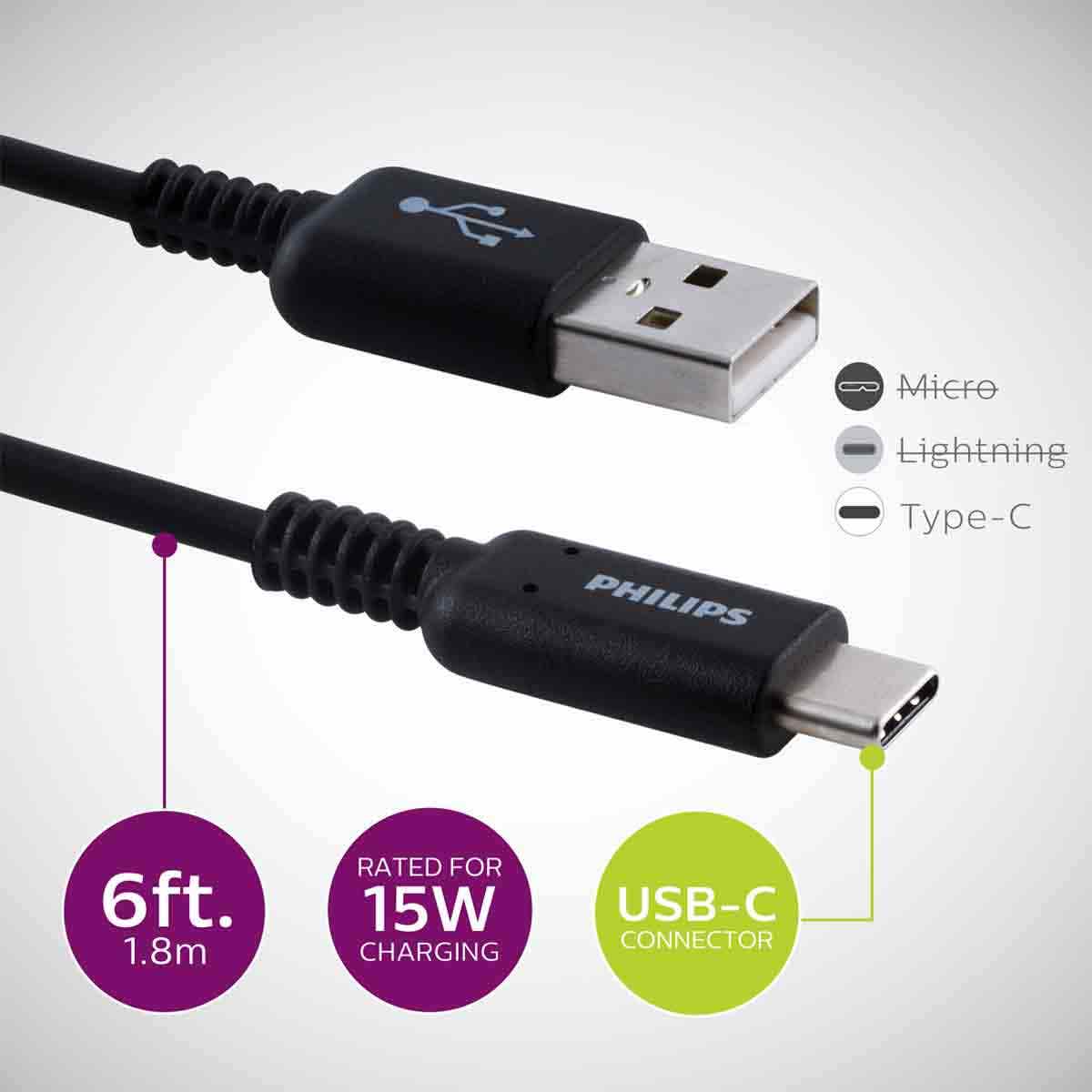 Philips 6ft. USB-C to USB-A Charging Cable, Black