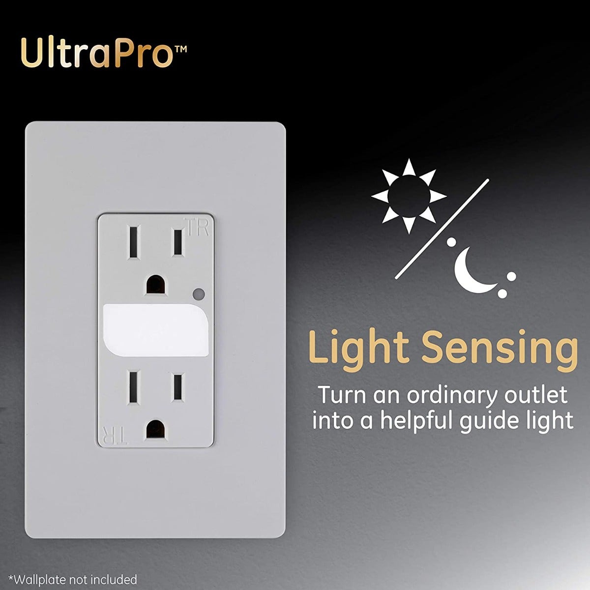 GE UltraPro Grounding Duplex Tamper Resistant Receptacle with Light Sensing Guide Light, White