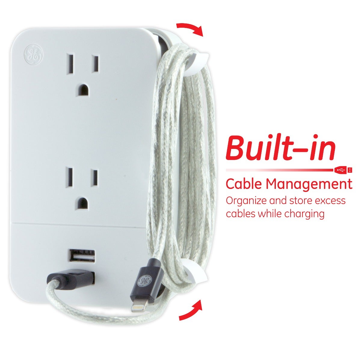 GE 2-Outlet 2-USB Charging Station with Cable Management, White