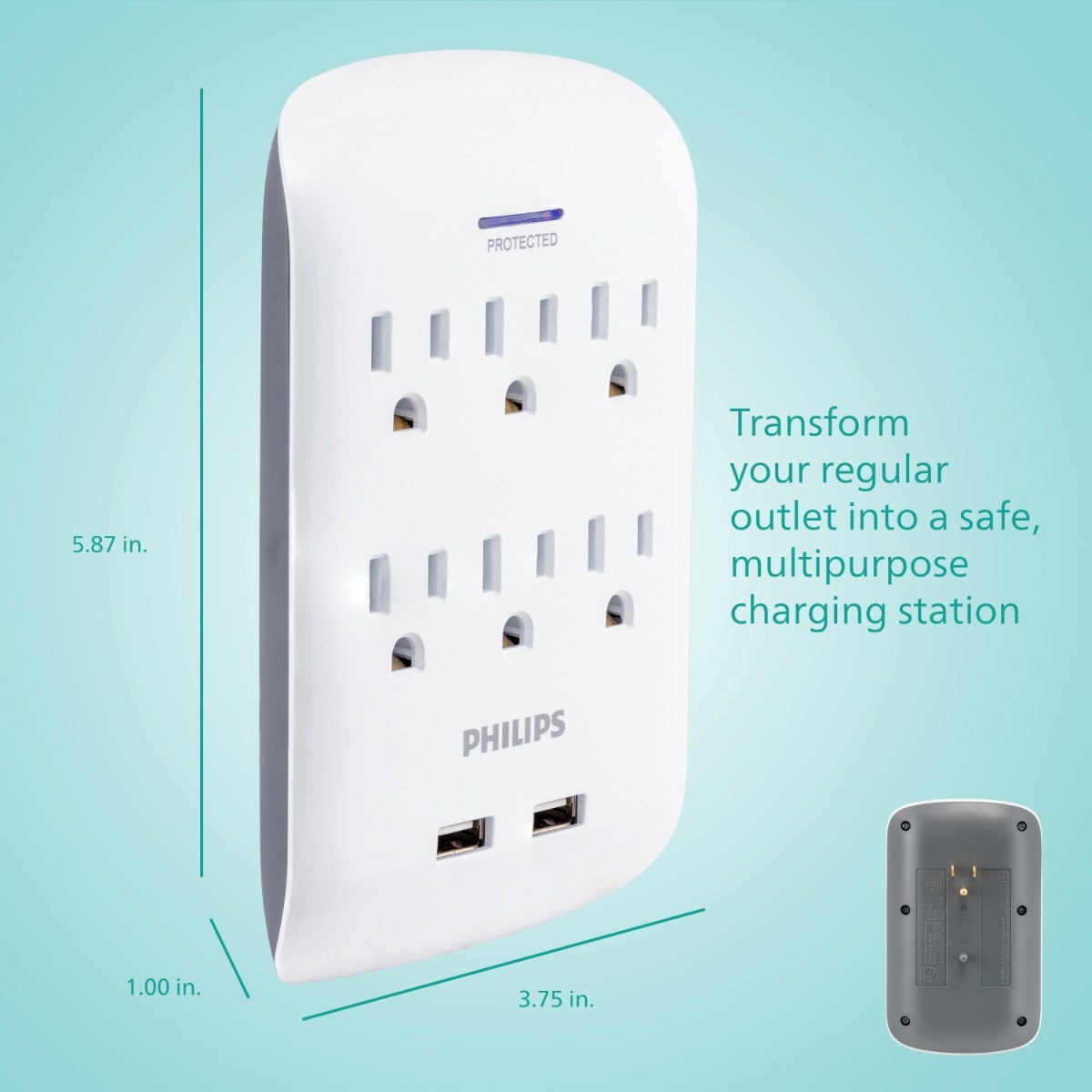 Philips 6-Outlet 2-USB Wall Tap with Surge Protection, White