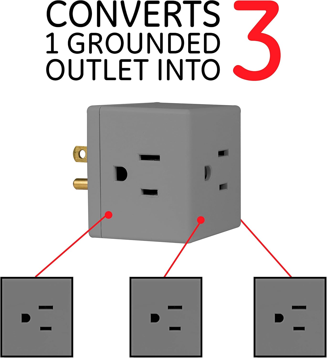 GE Grounded 3-Outlet Tap, Easy Access, Gray, 3pk