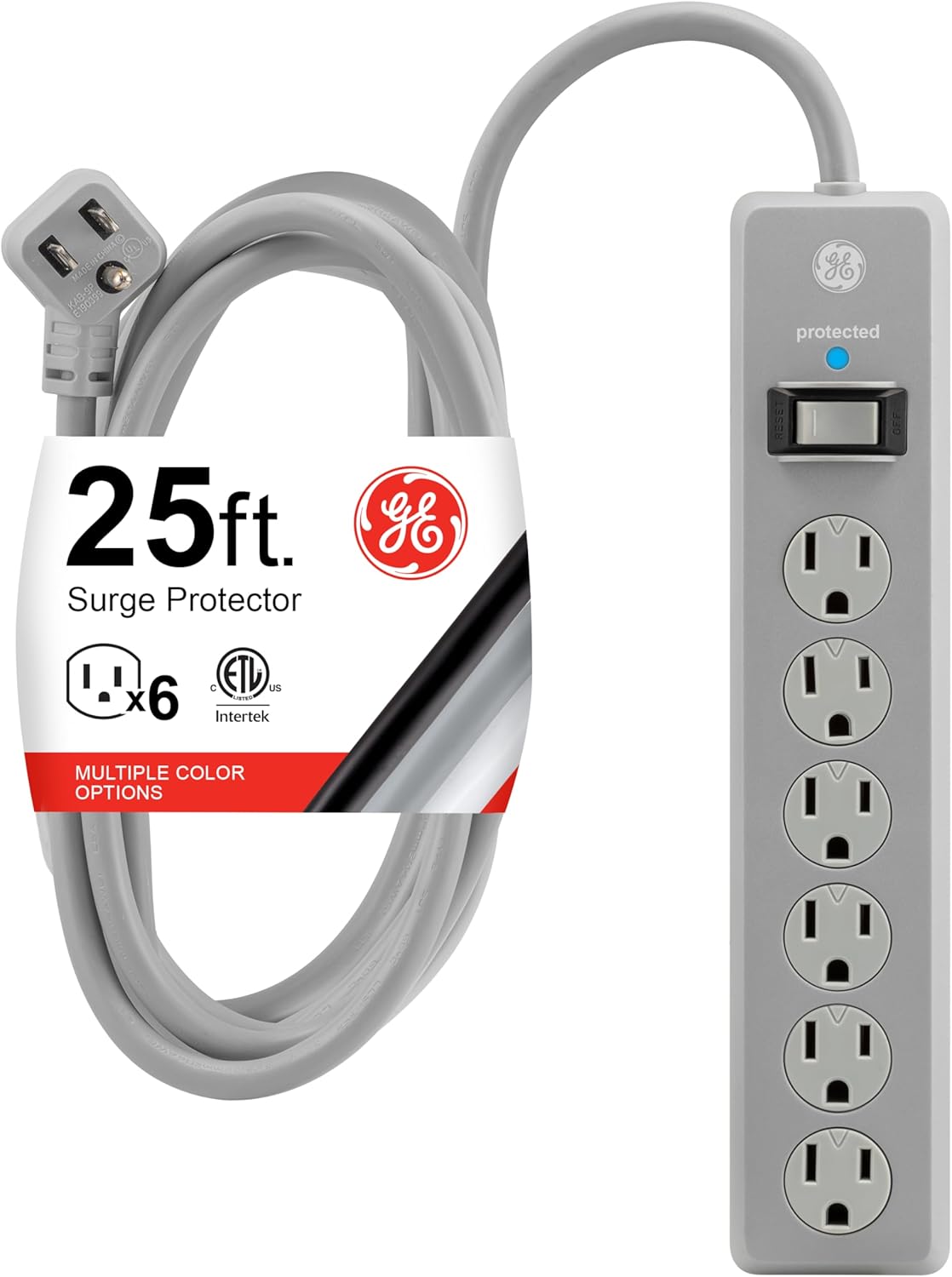 GE-branded 6-Outlet Surge Protector, Gray, 25ft. Cord