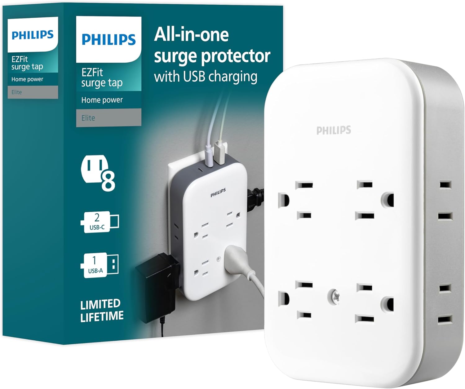Philips All-in-One 4 Grounded plus 4 Polarized Outlet Surge Tap, 2-USB-C, 1-USB-A, 15W, 1140J, white/gray