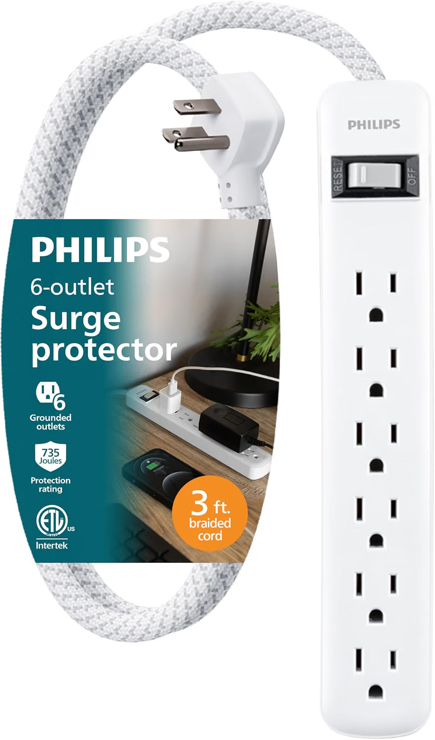 Philips 6-Outlet Surge Protector, 735 J, 3 ft. Braided Cord, White