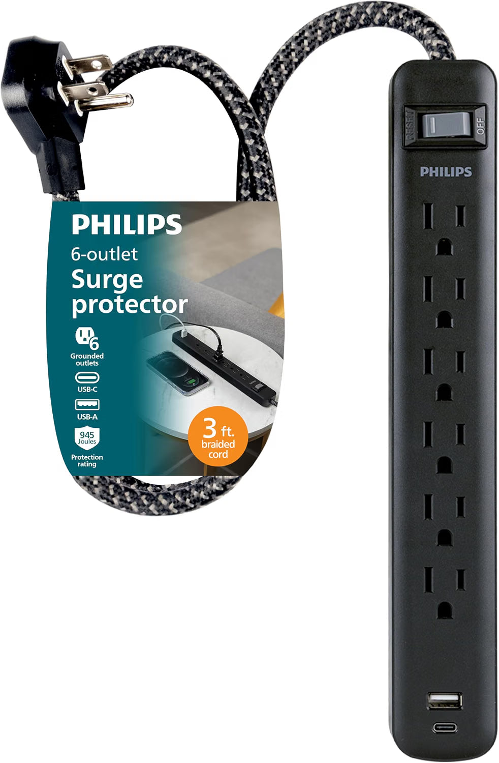 Philips Surge Protector, 6OL, 1 USB-A, 1 USB-C, 12W, 945J, 3ft., Black