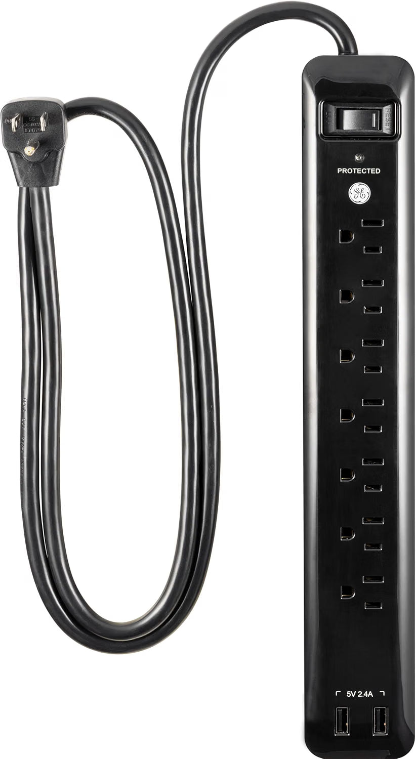 GE 7-Outlet Surge Protector, 1440J, 2 USB-A, 4ft Cord