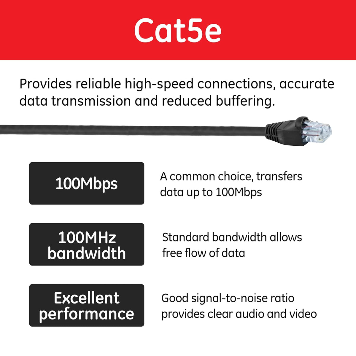 GE Cat5E Ethernet Cable, 6ft, Black