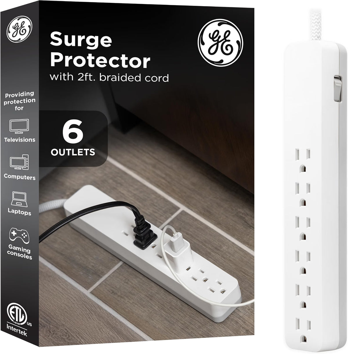 GE Pro 6-Outlet Surge Protector Extension Cord, 2ft., 620 Joules, White