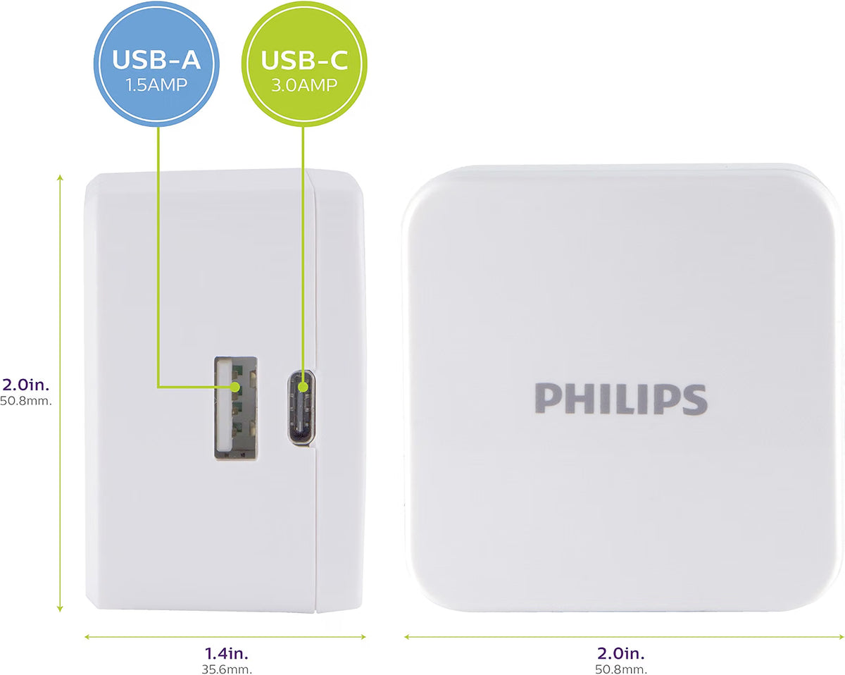 Philips iPhone USB Wall Charger Block, 22.5W with USB C and USB A, White