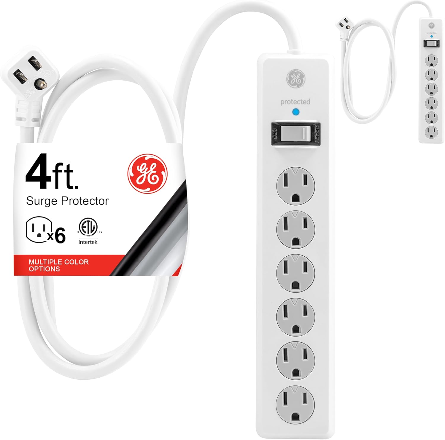 GE 6-Outlet Surge Protector, 4ft., White 800J, 2pk