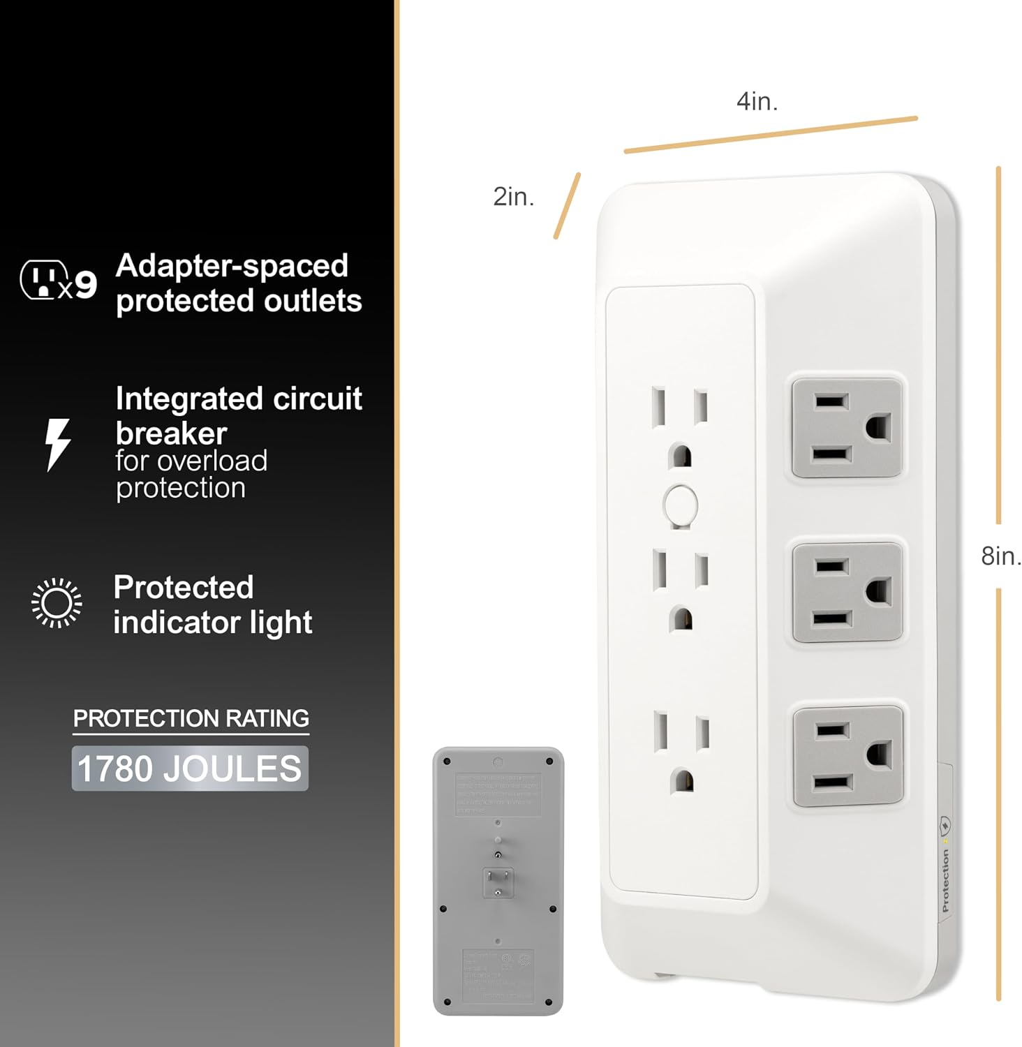 GE-branded 9-Outlet Surge Tap, 1780J, White/Gray