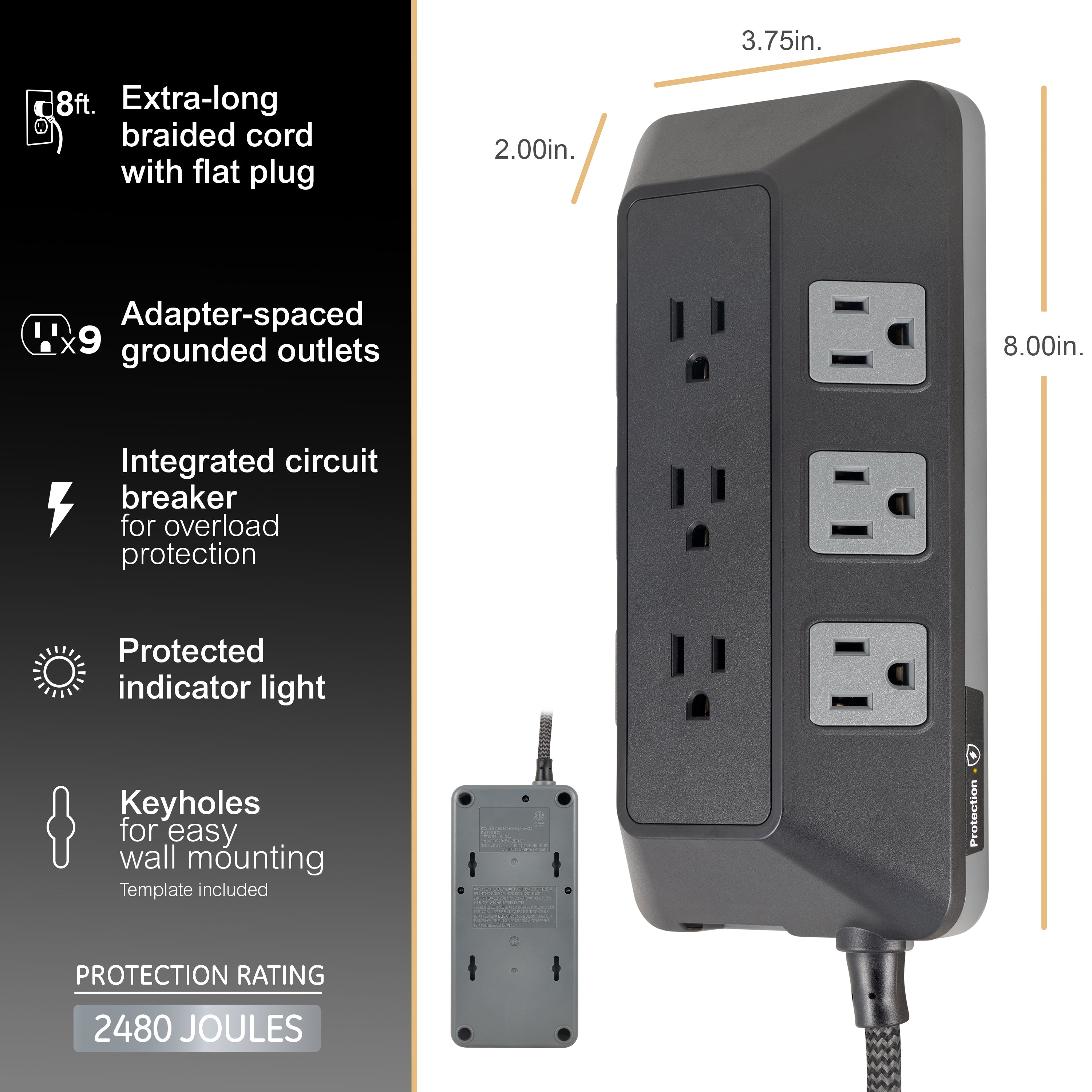 GE UltraPro ADAPT 9-Outlet Surge Protector, 2480J, 8ft. Braided Cord, Black