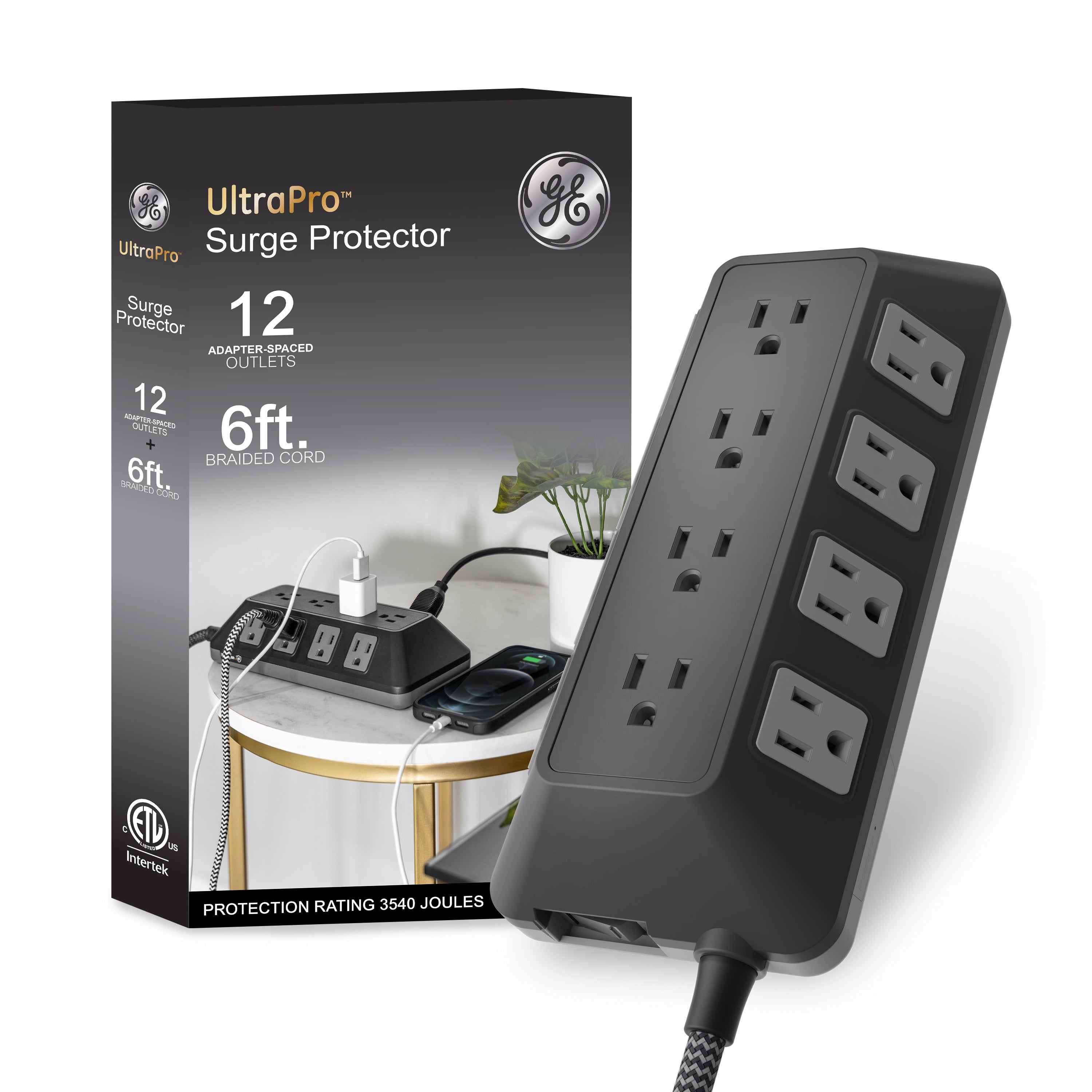 GE UltraPro ADAPT 12-Outlet Surge Protector, 3540J, 6ft. Braided Cord, Black