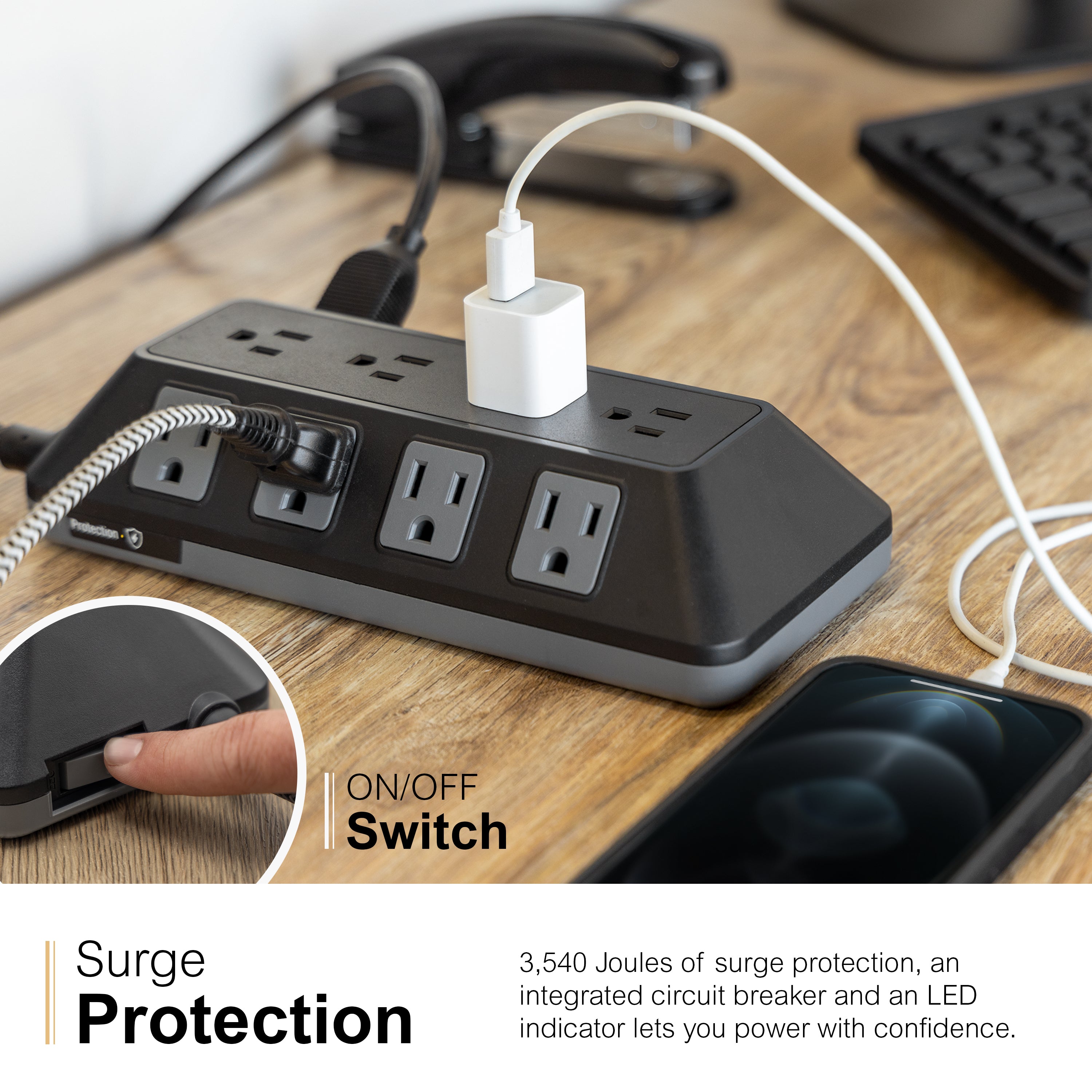 GE UltraPro ADAPT 12-Outlet Surge Protector, 3540J, 6ft. Braided Cord, Black