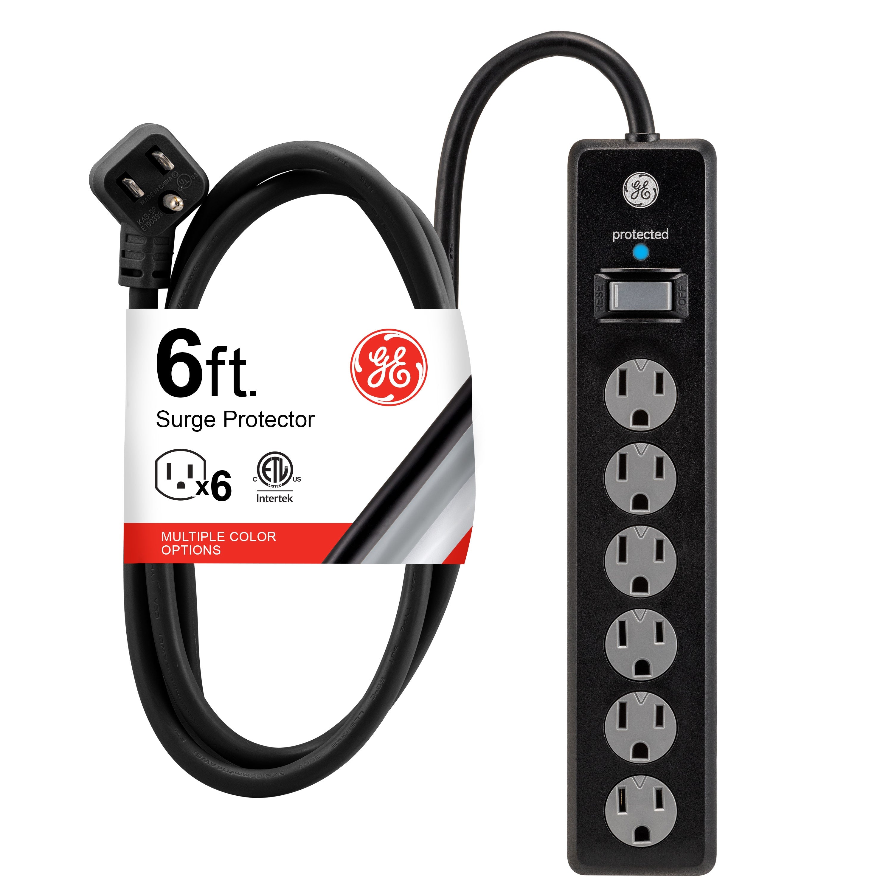 GE 6-Outlet 6ft. Surge Protector with Twist-to-Close Safety Outlets, Black