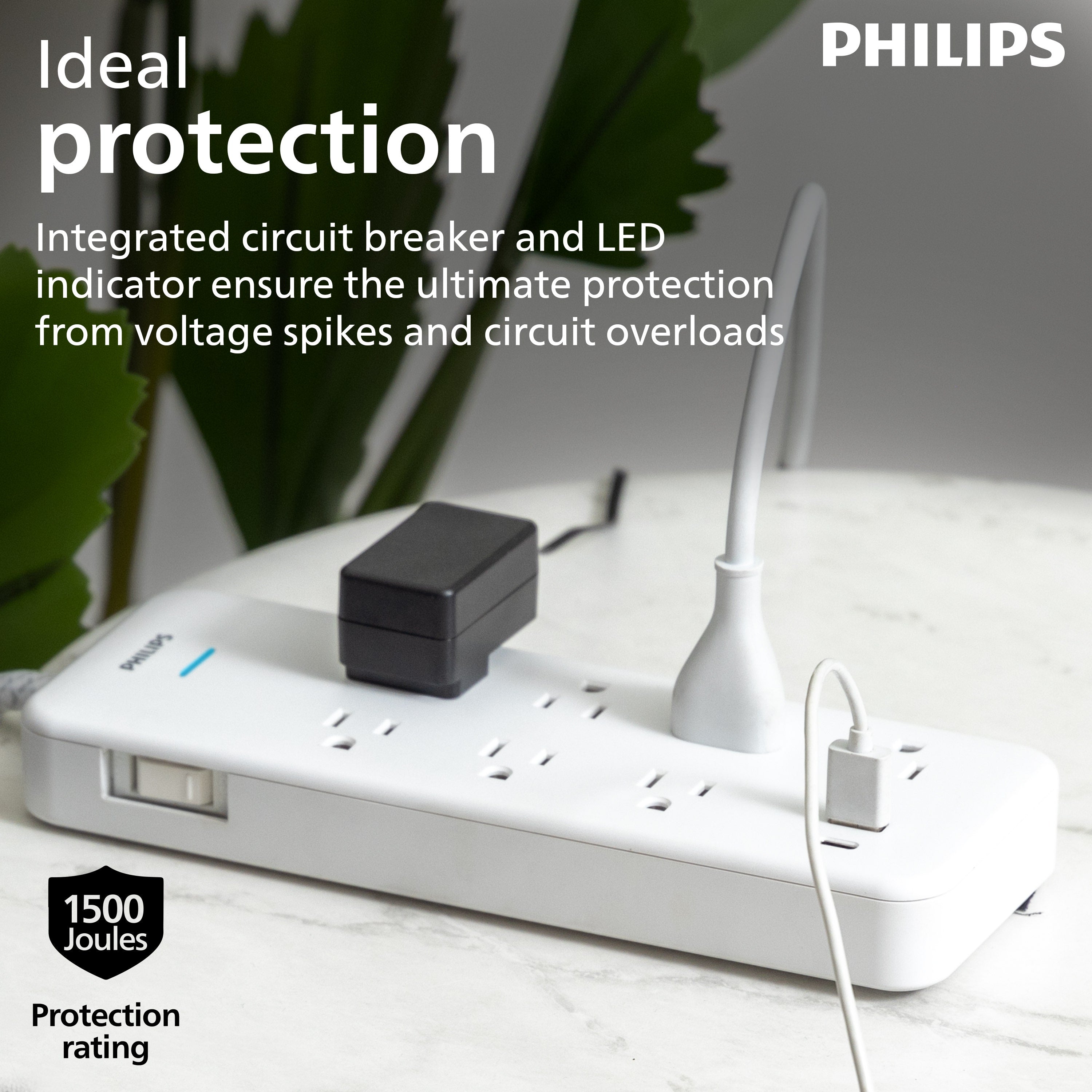 Philips 7-Outlet 6ft. 1 USB-A 1 USB-C Surge Protector With Adapter-Spaced Outlets, White