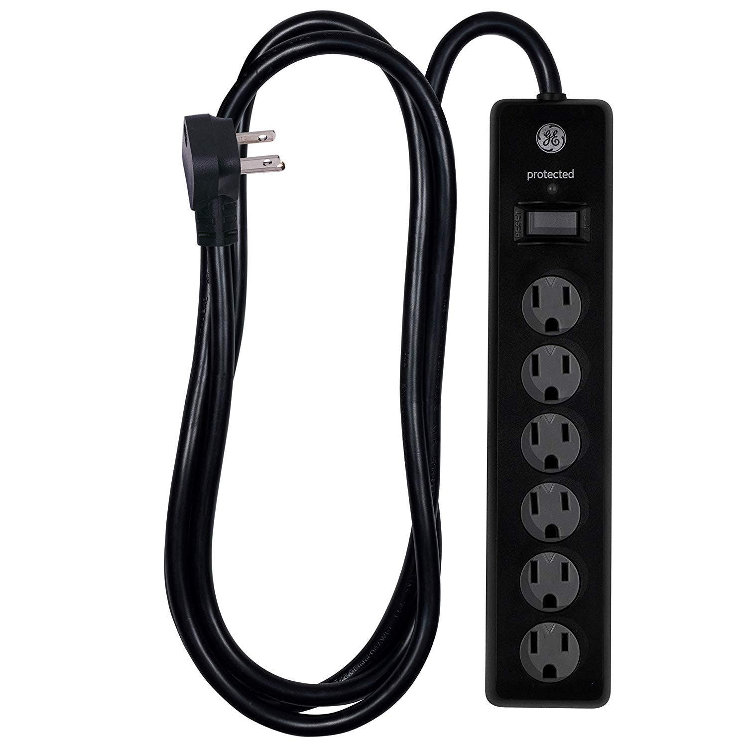 GE 6-Outlet 6ft. Surge Protector with Twist-to-Close Safety Outlets, 2 Pack, Black
