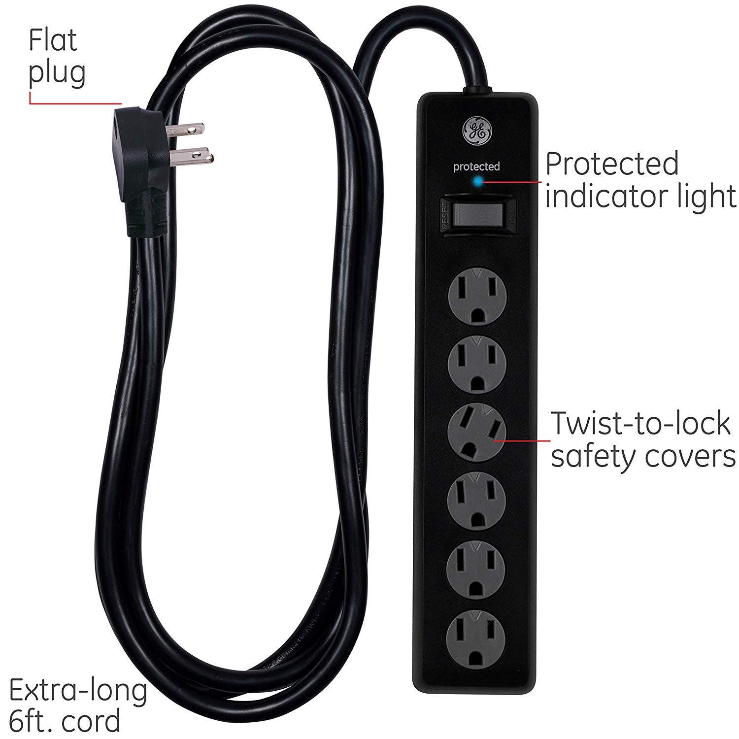 GE 6-Outlet 6ft. Surge Protector with Twist-to-Close Safety Outlets, 2 Pack, Black