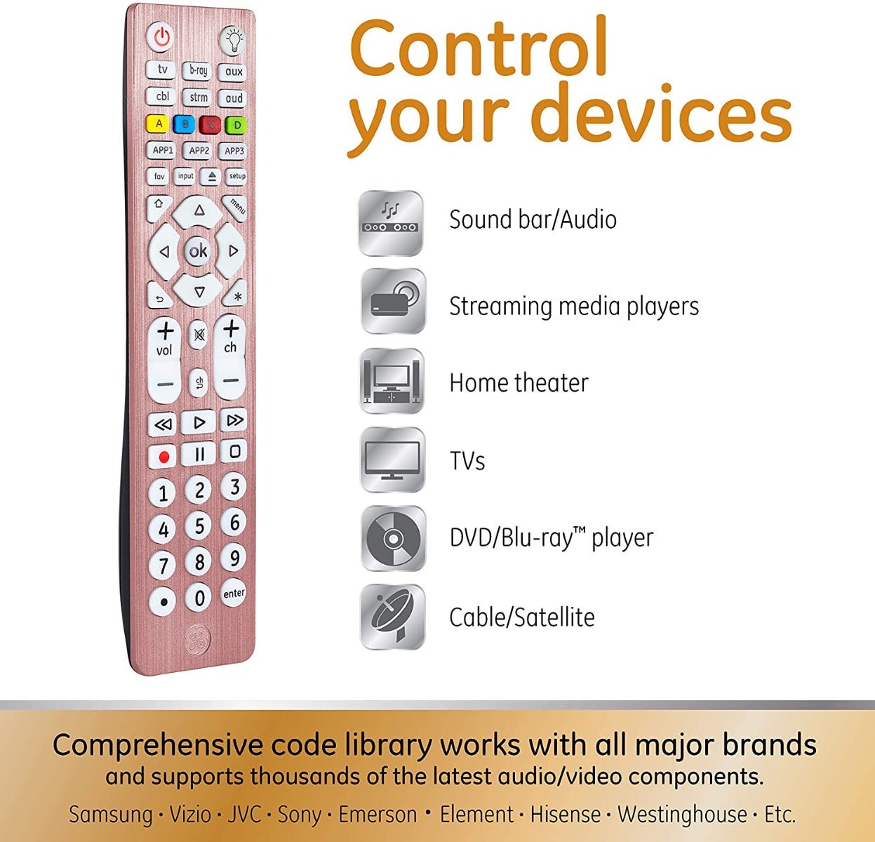GE 6-Device Backlit Universal Remote, Brushed Rose Gold
