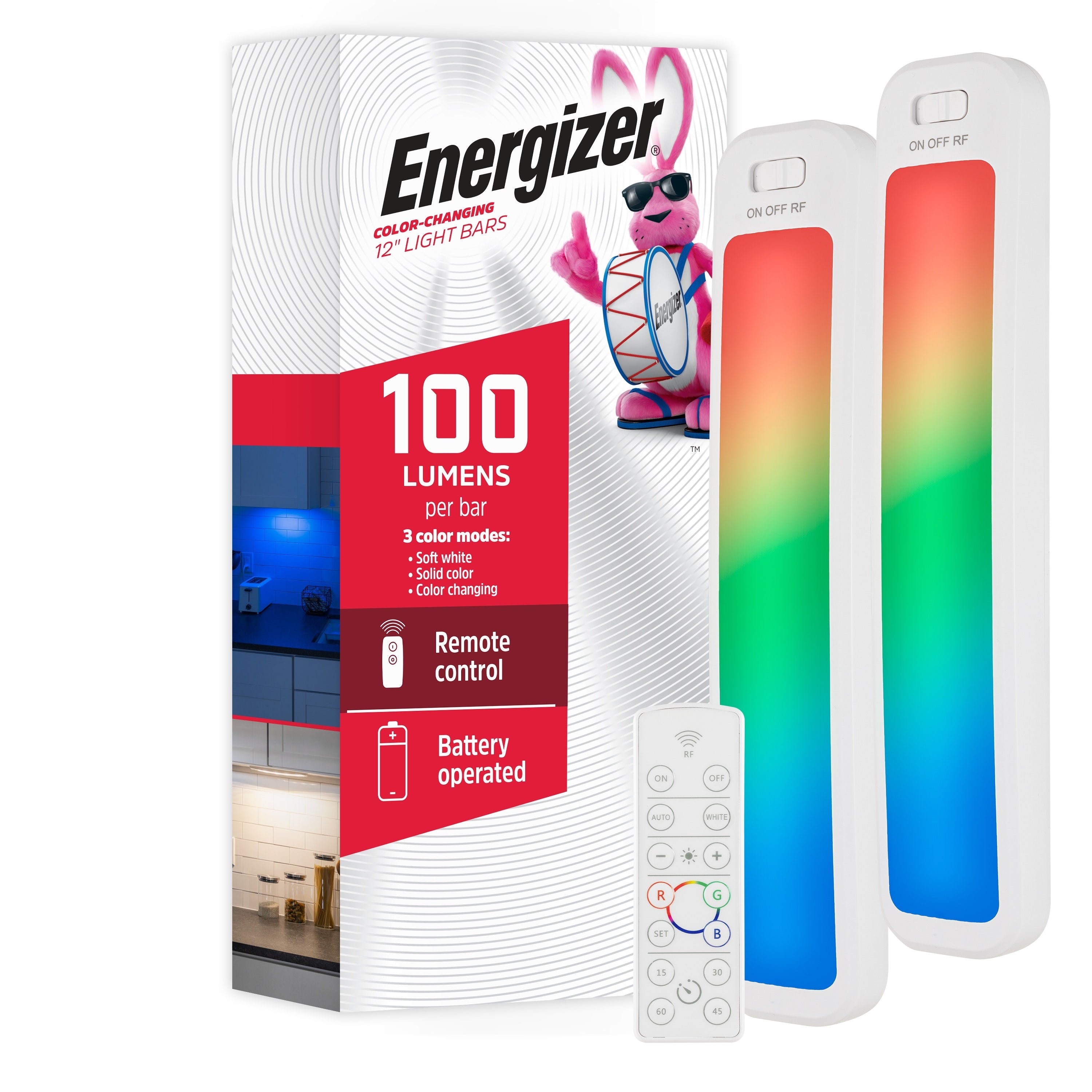 Energizer 12in. Battery Operated Color-Changing LED Light Bar with Remote, 2 Pack, White