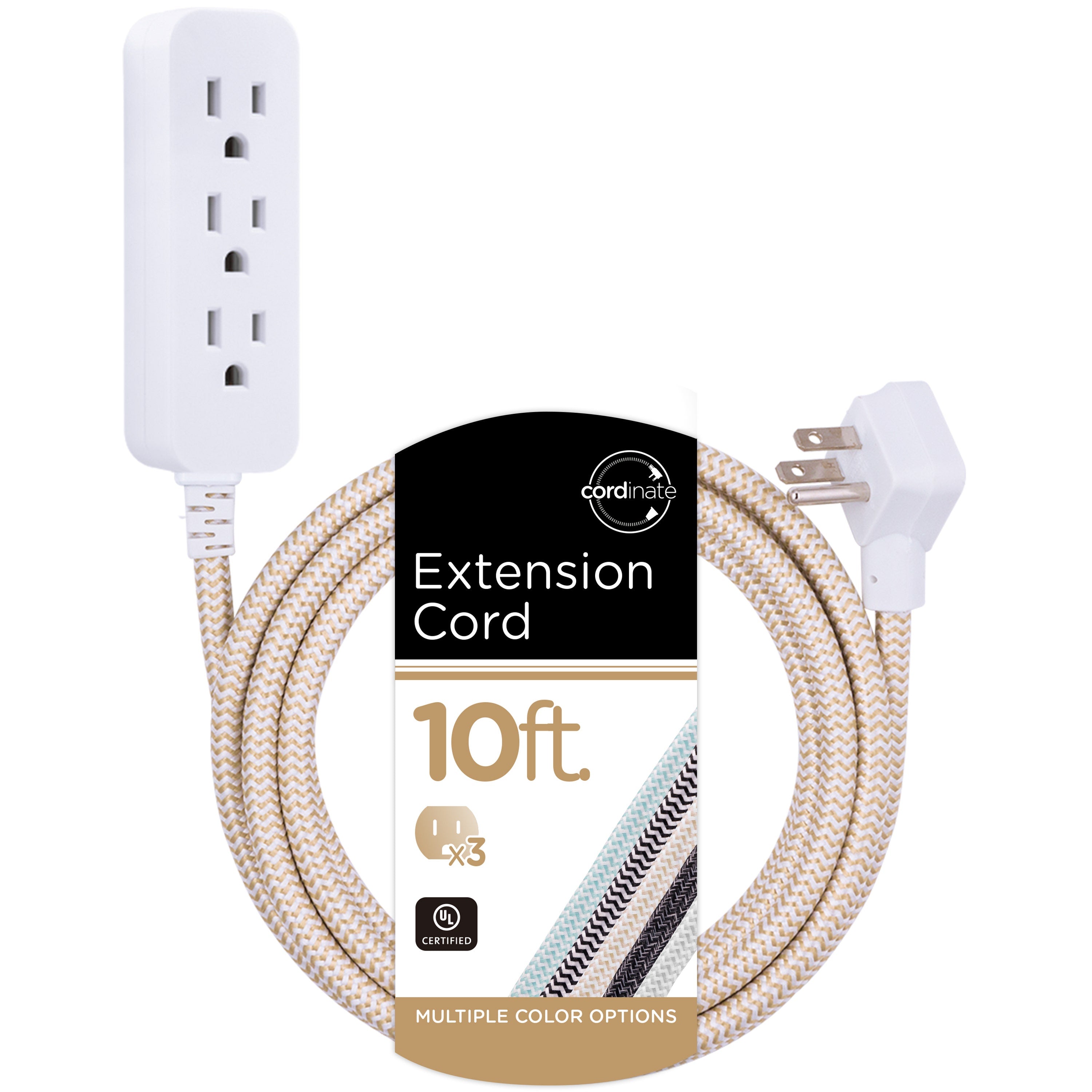 Cordinate 3-Outlet 10ft. Braided Extension Cord with Surge Protection, White/Tan