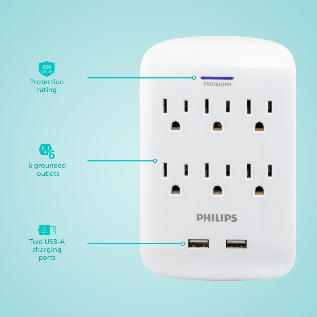 Philips 6-Outlet 2-USB Wall Tap with Surge Protection, White