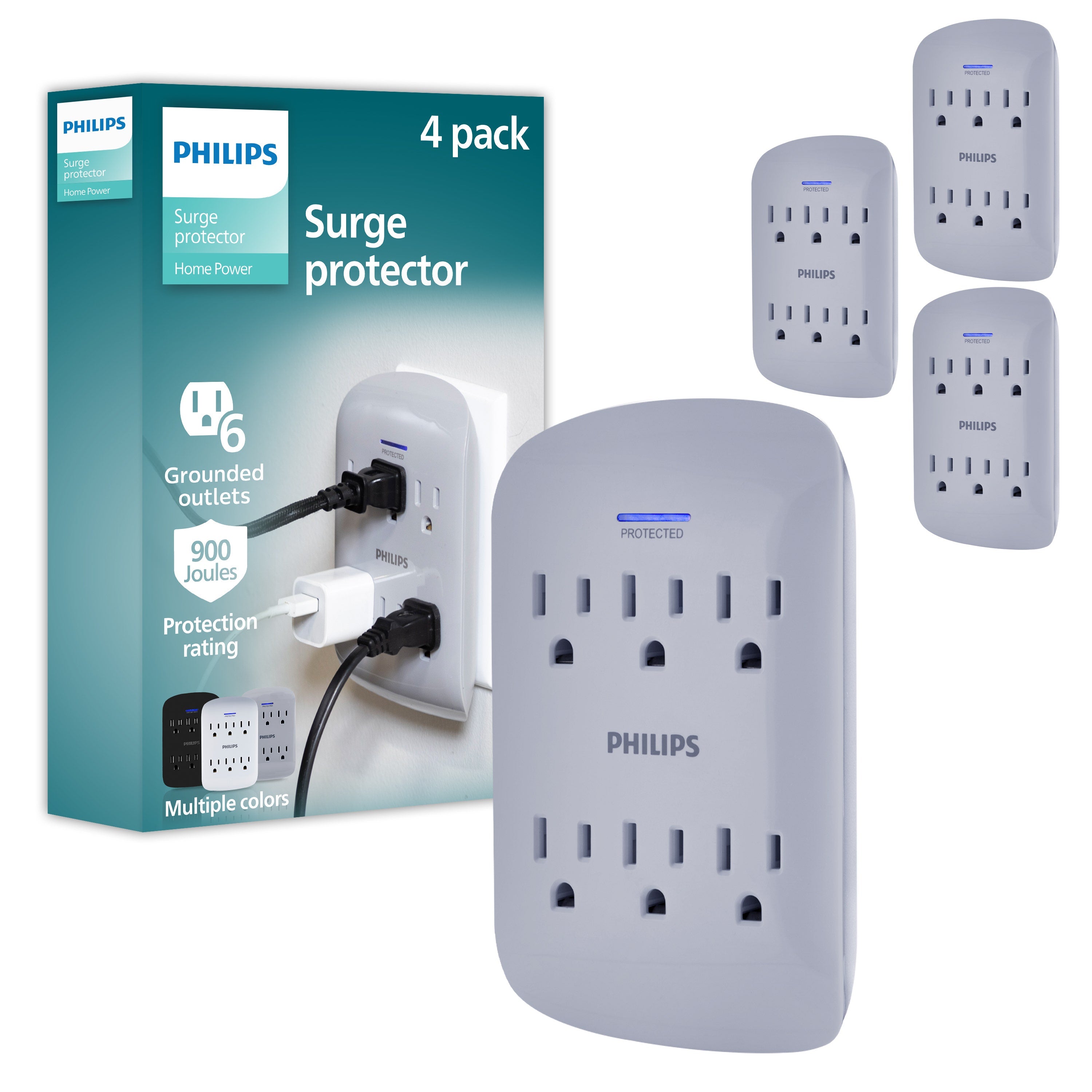 Philips 6-Outlet Wall Tap with Surge Protection, 4 Pack, Gray