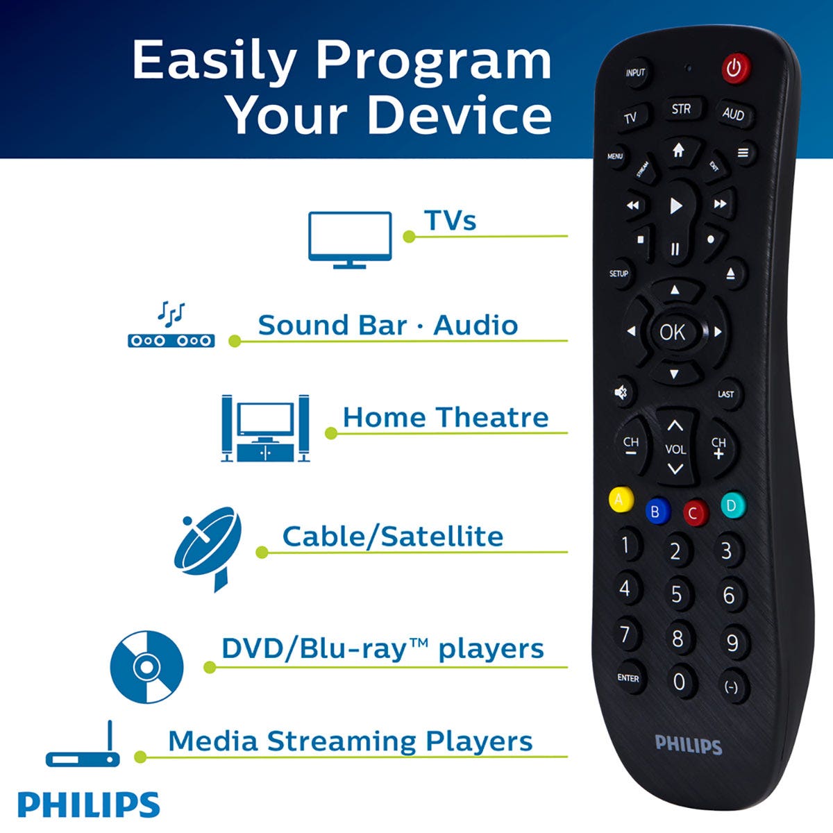 Philips 3-Device Universal Remote, Brushed Black