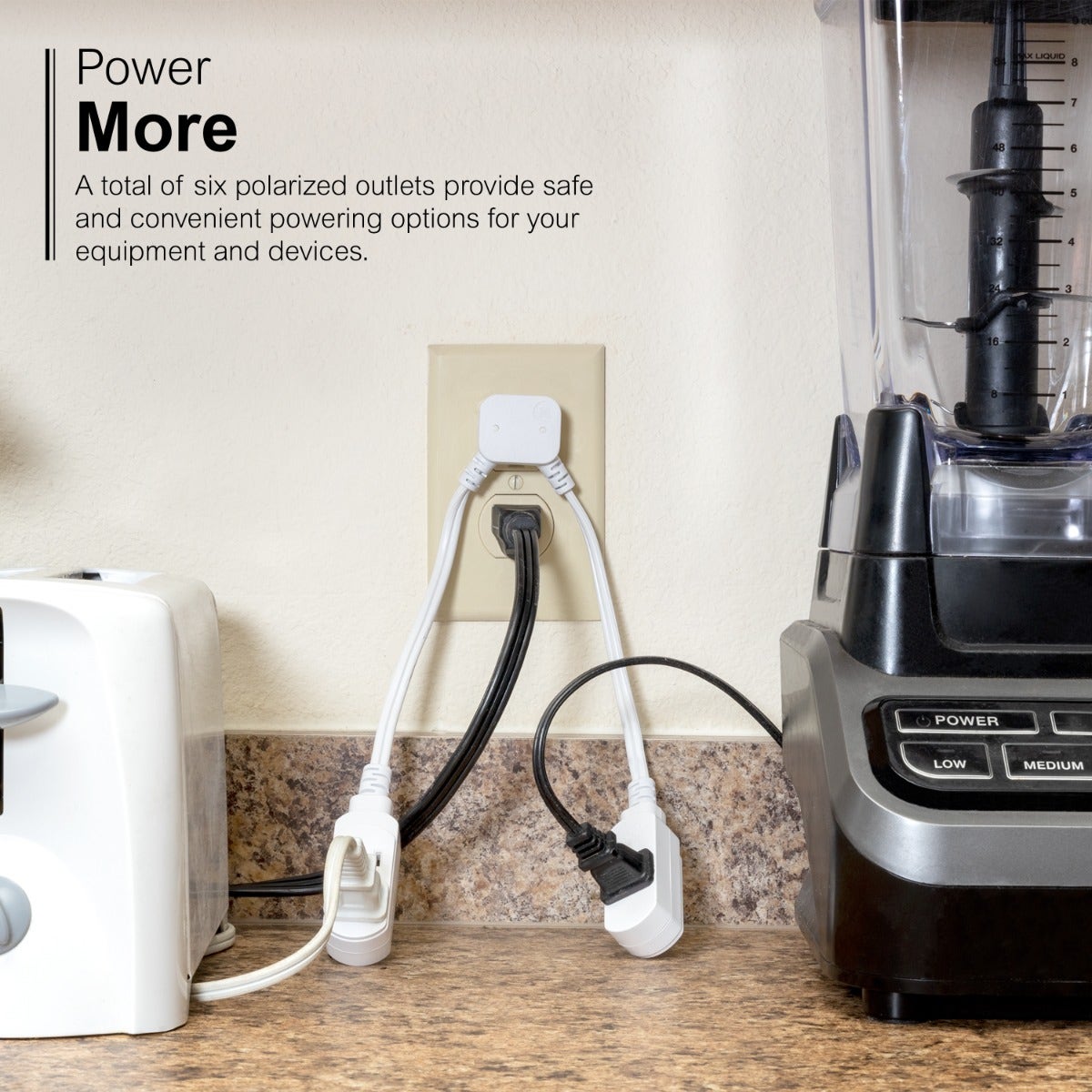 GE 3-Outlet 10in. Dual Split Extension Cord, White