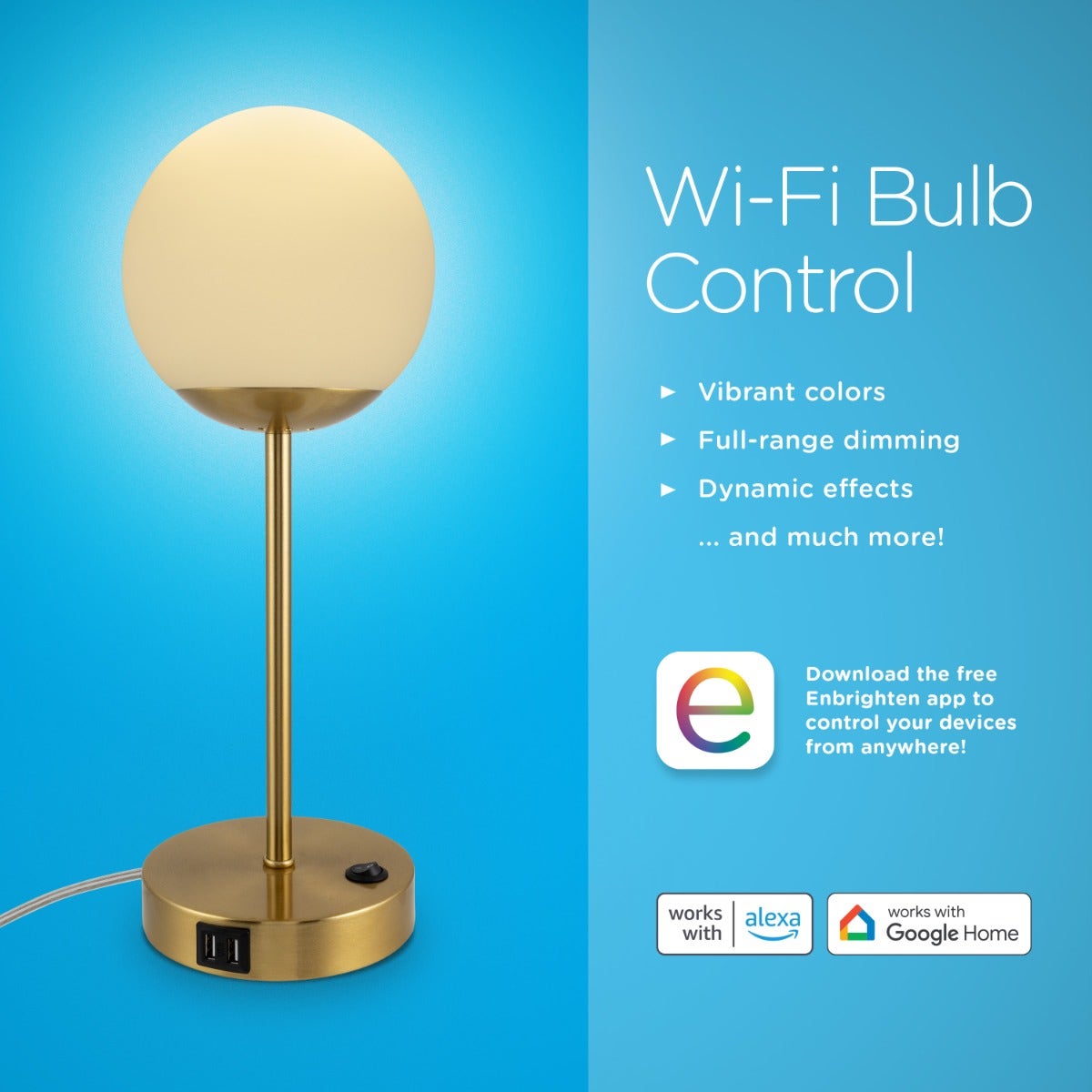 Enbrighten WiFi VIBE Color-Changing LED Tabletop Lamp with USB Charging, Brass