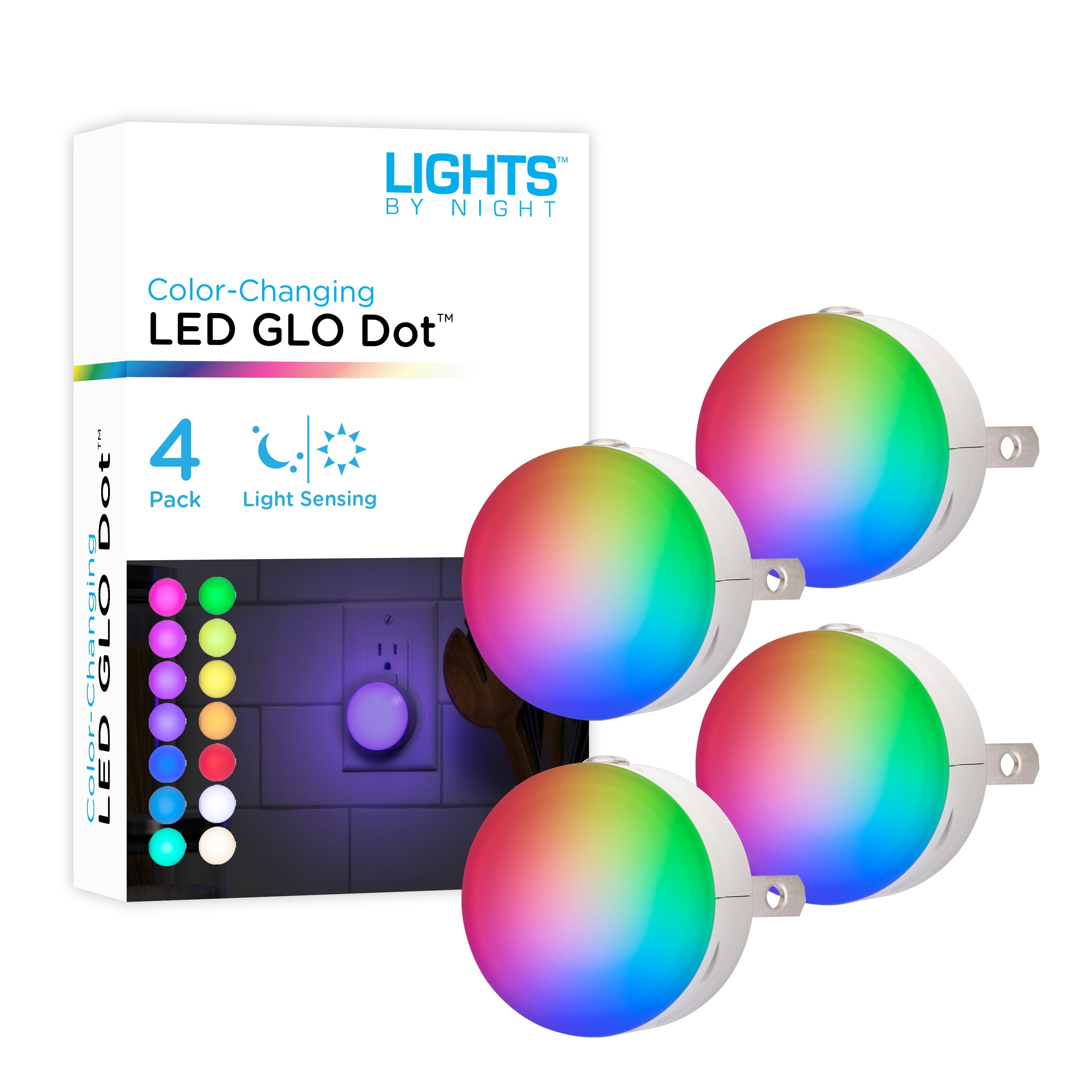 Lights By Night Color Changing GLO Dot Light Sensing LED Night Light, 4 Pack, White