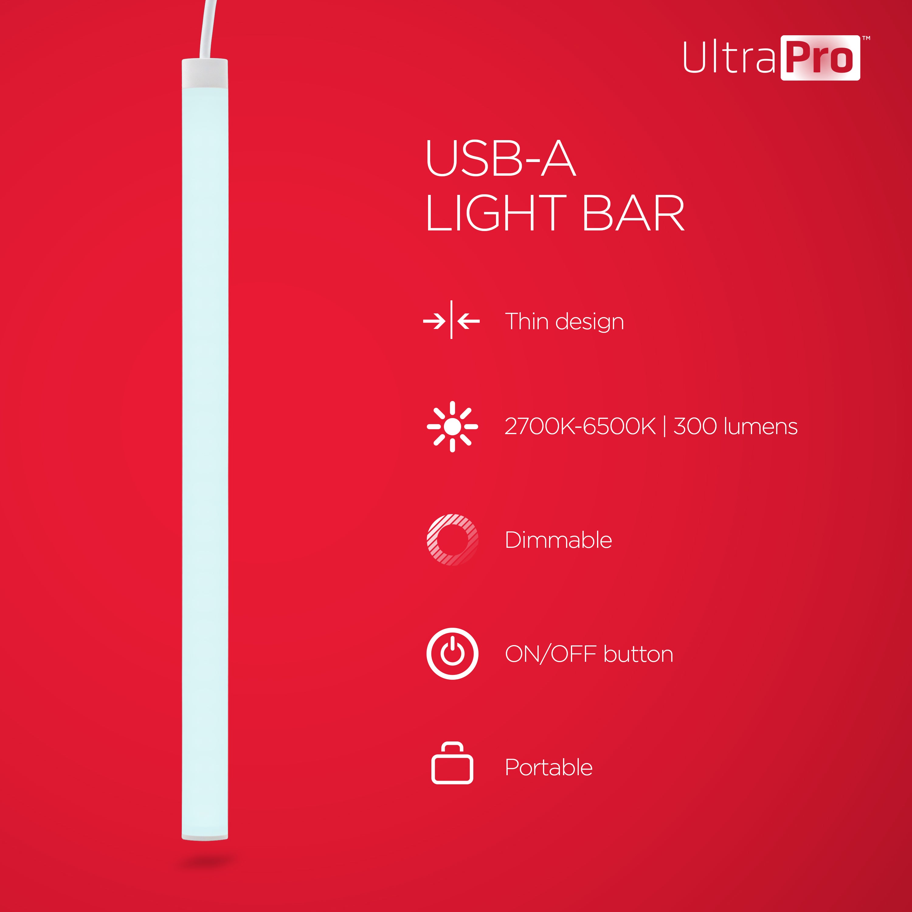 UltraPro USB Light Bar, CCT, 2700K, Dimmable, 12in.