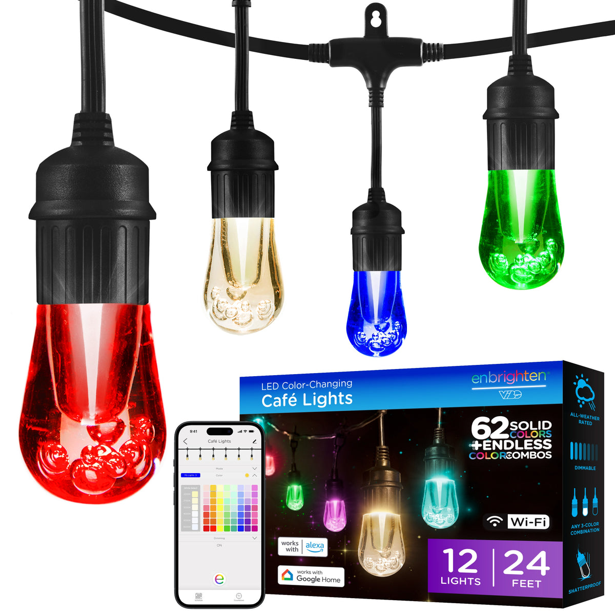 Enbrighten WiFi VIBE Vintage Color-Changing LED Cafe Lights, 12 Bulbs, 24ft. Black Cord