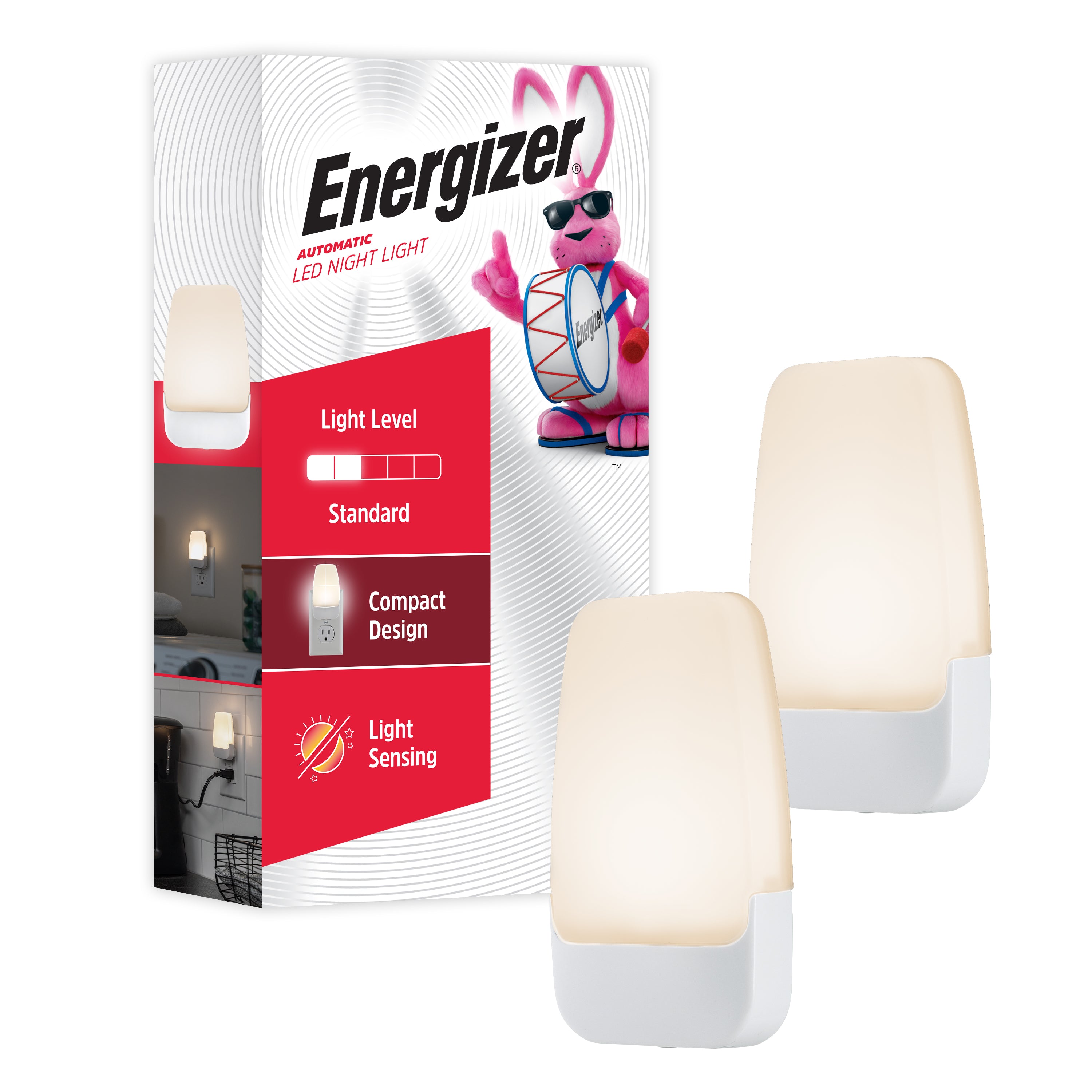 Energizer Night Light, Contempo, Light Sensing, 3000K, White, 2 Pack