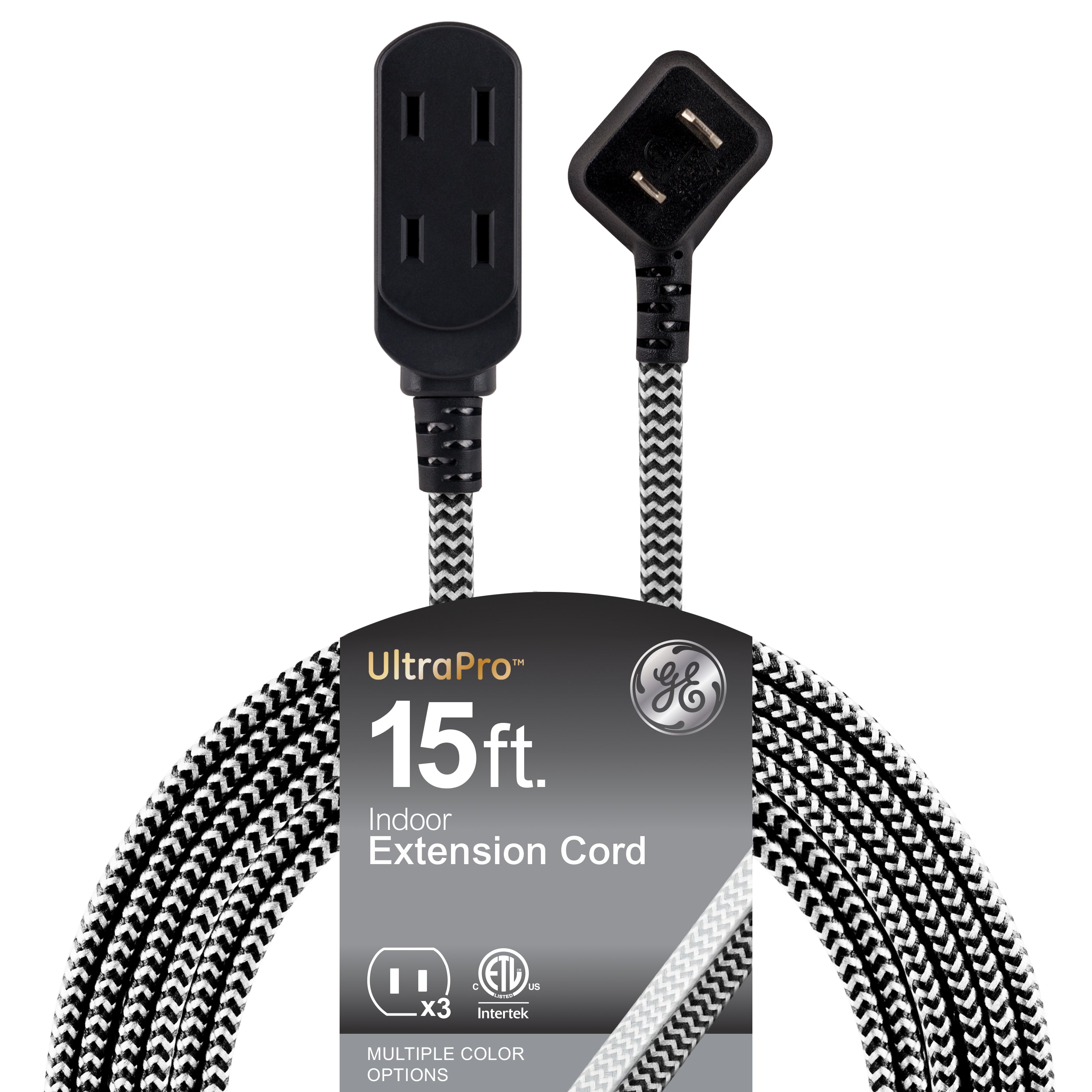 GE-branded 15ft. 3-Outlet Polarized Extension Cord, Black/White, Braided Cord