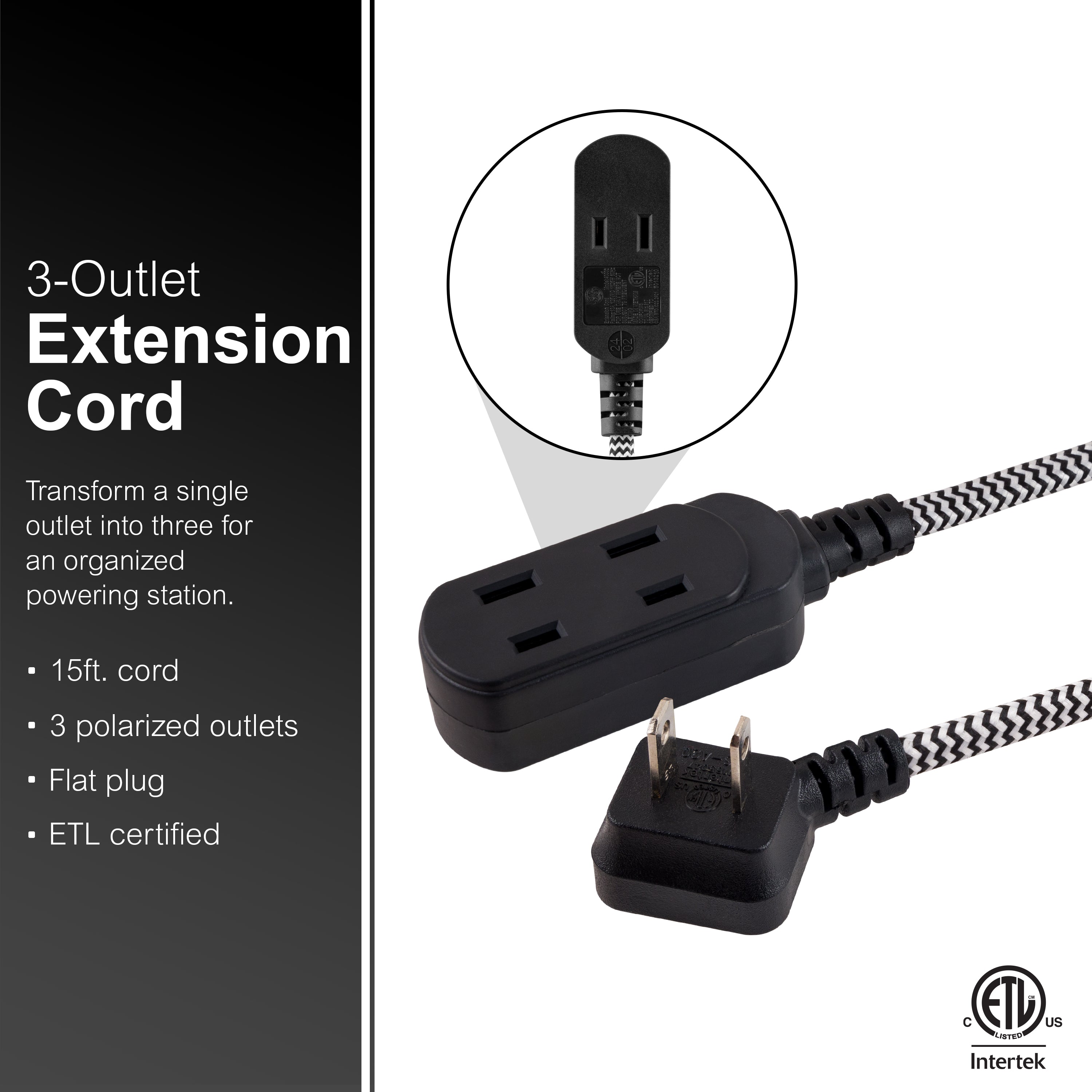 GE-branded 15ft. 3-Outlet Polarized Extension Cord, Black/White, Braided Cord
