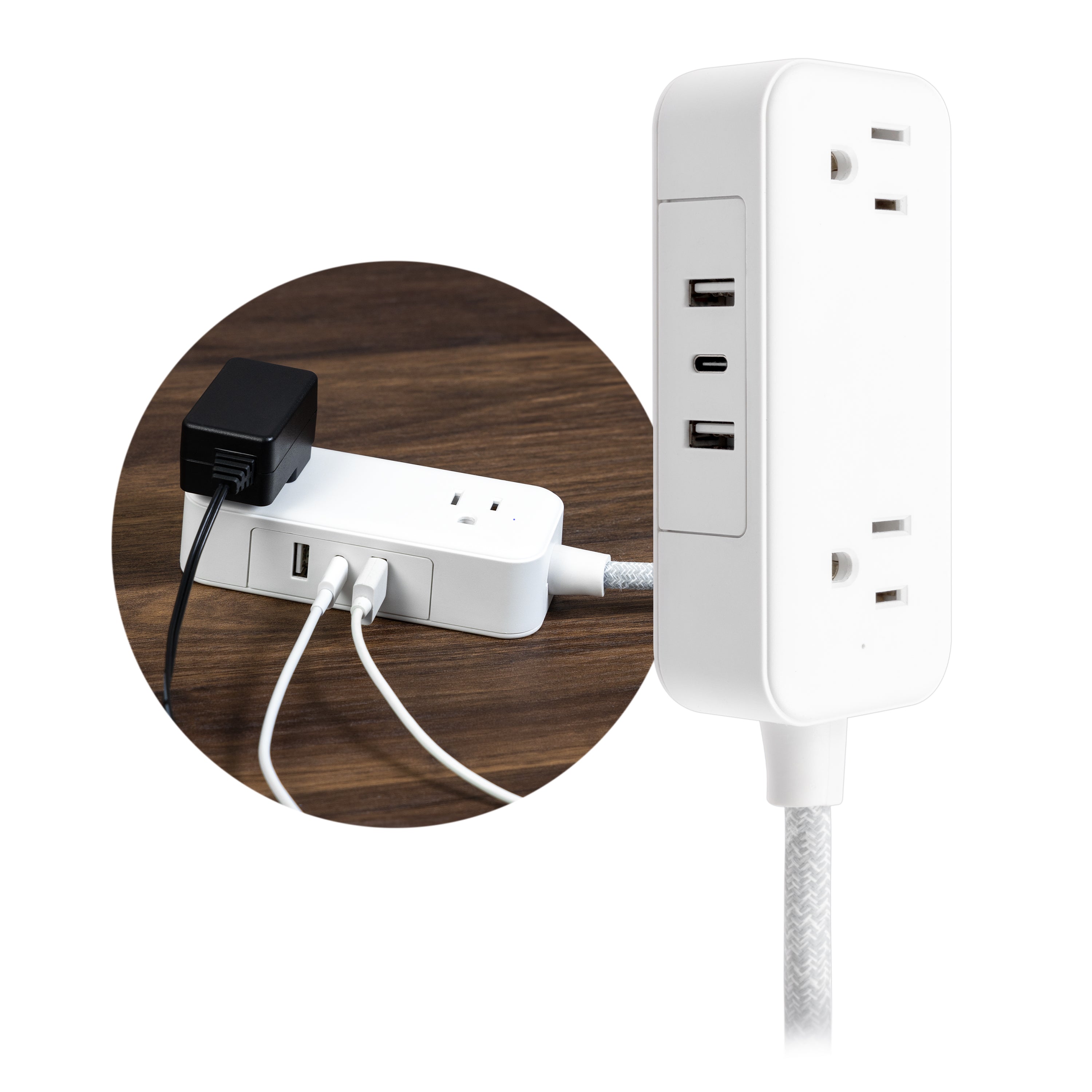 GE-branded Extension Cord with USB Charging 2 USB-A, 1 USB-C, 2 outlets, 6ft. Braided Cord, White/Gray