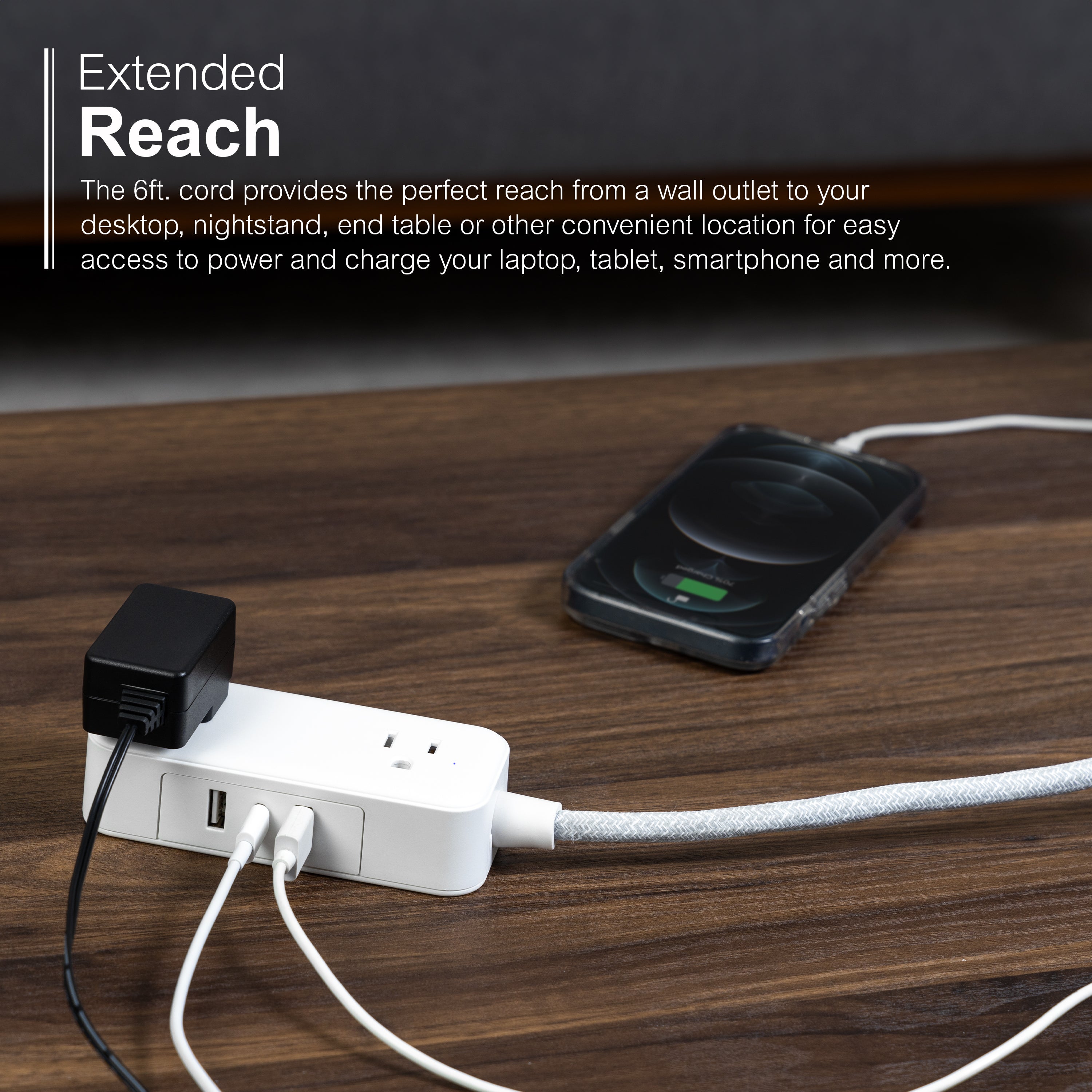 GE-branded Extension Cord with USB Charging 2 USB-A, 1 USB-C, 2 outlets, 6ft. Braided Cord, White/Gray
