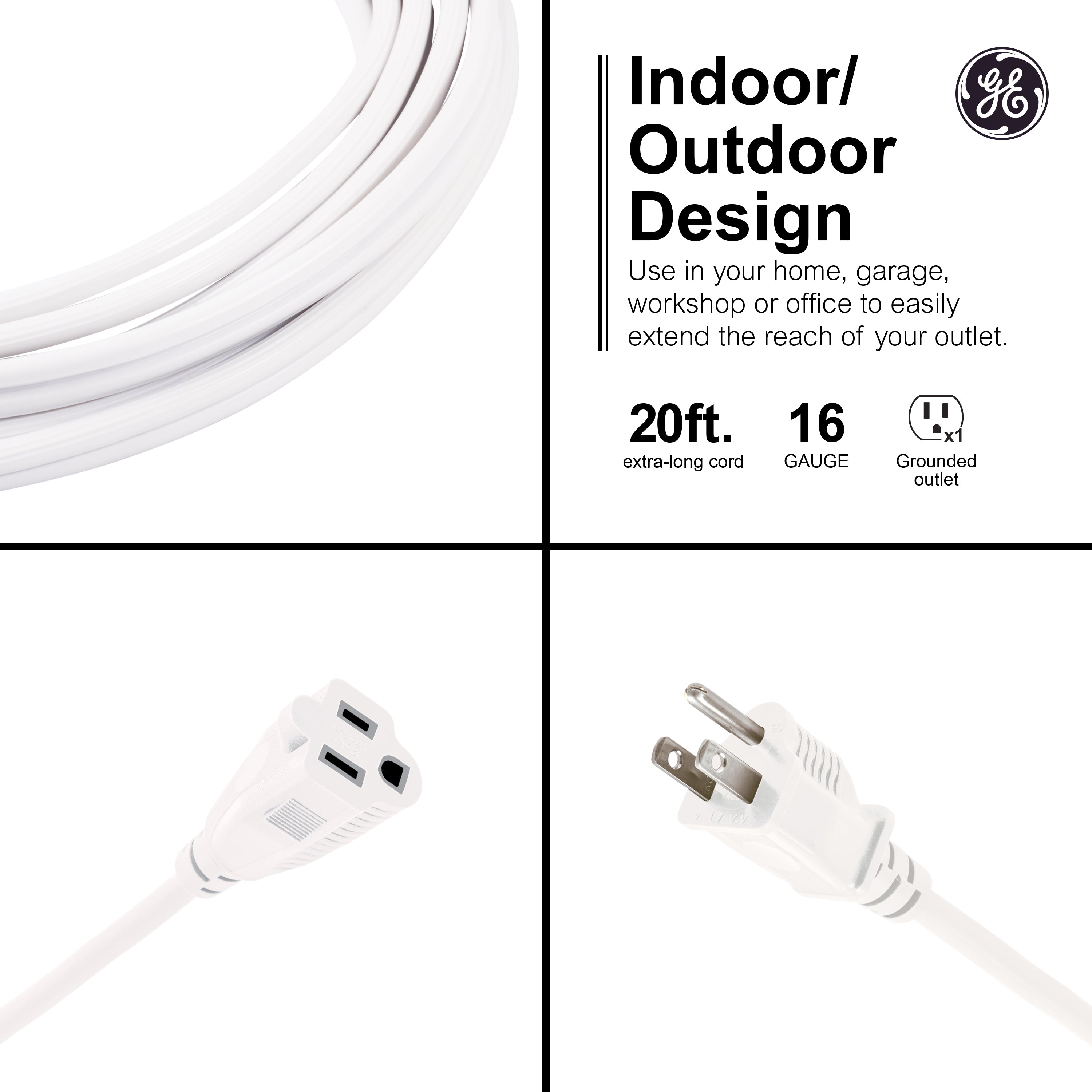 GE 1-Outlet Grounded Extension Cord, Outdoor, 20ft., 16AWG, White