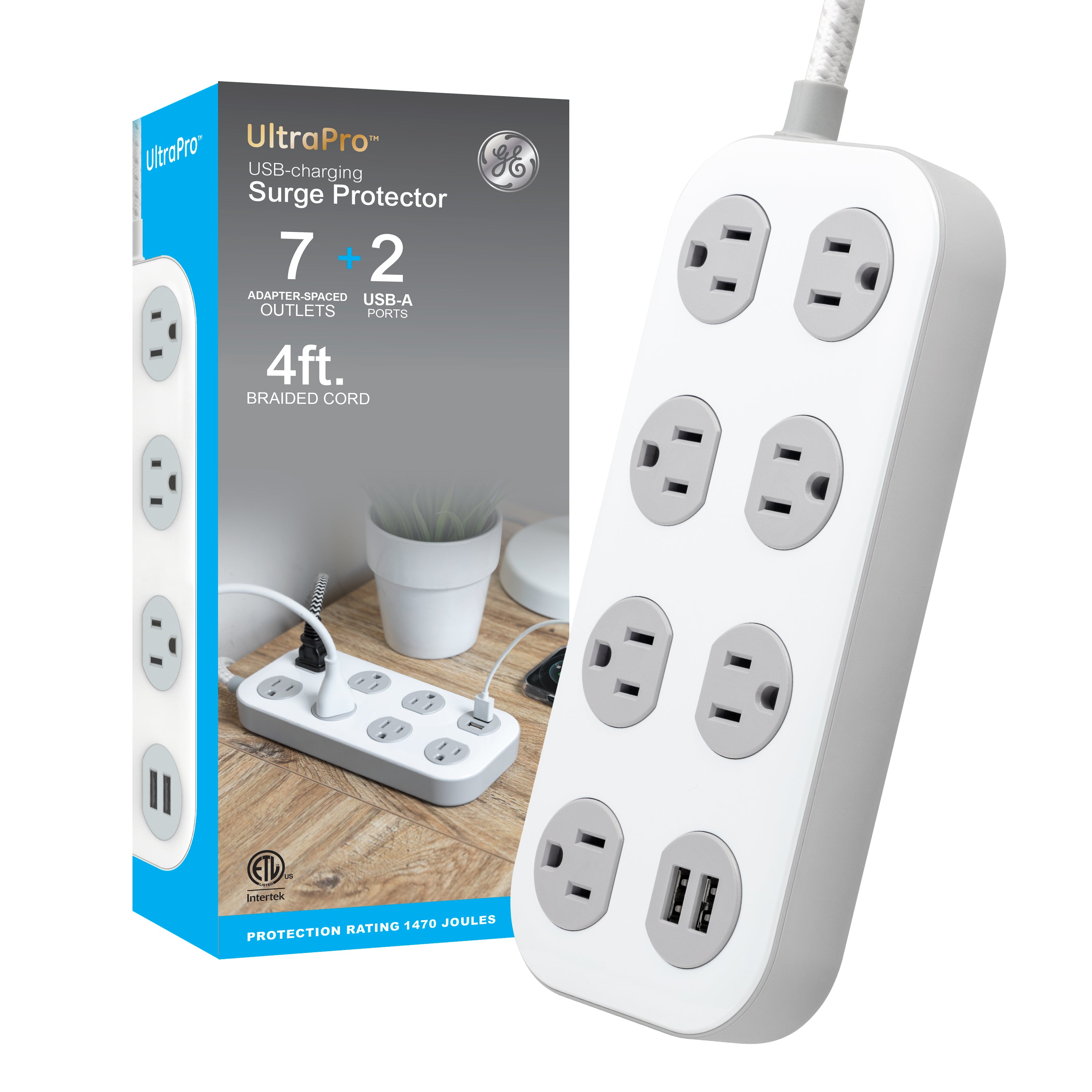 GE-branded UltraPro 7-Outlet Surge Protector, 2 USB-A, 1470 Joules, 4ft., White/Gray