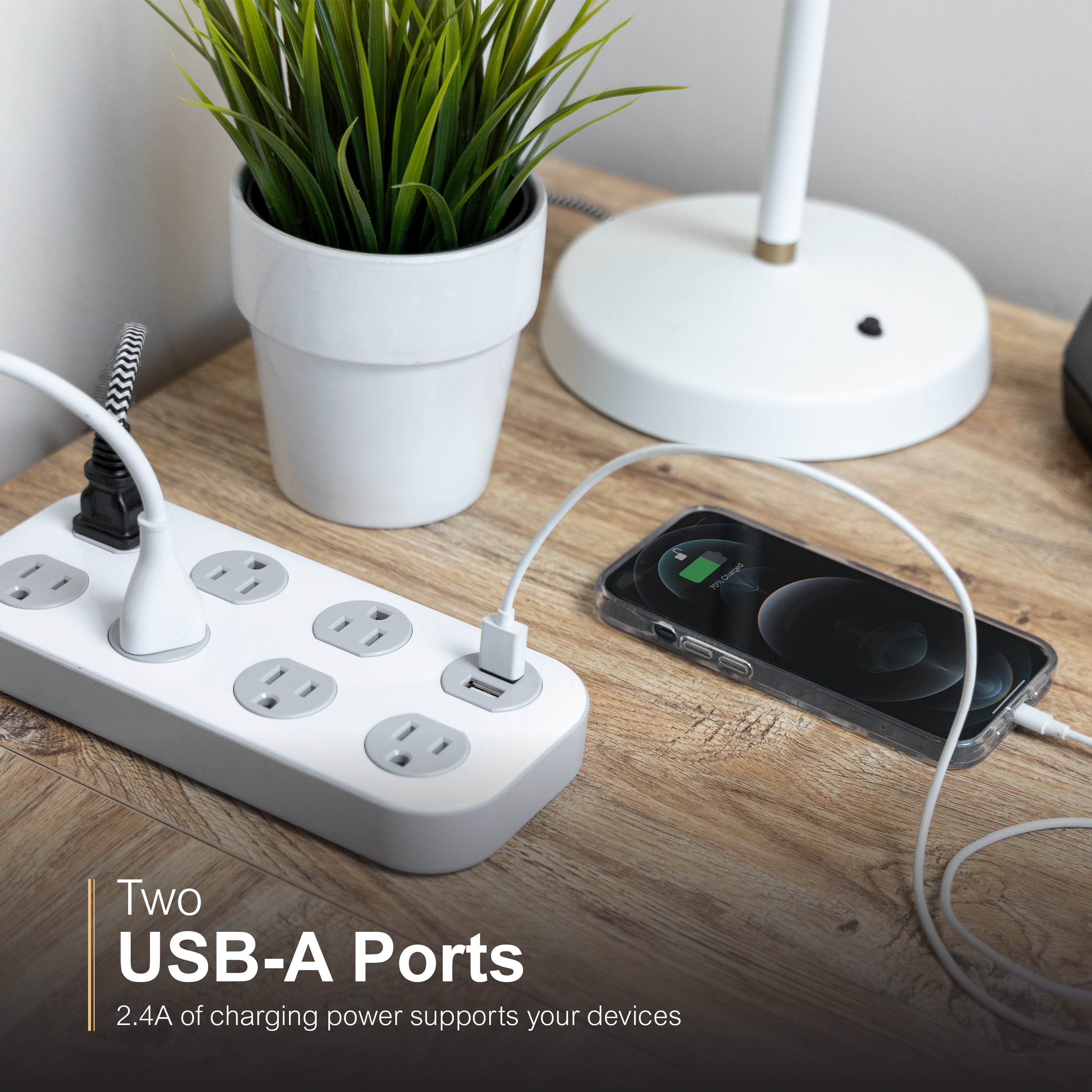 GE-branded UltraPro 7-Outlet Surge Protector, 2 USB-A, 1470 Joules, 4ft., White/Gray