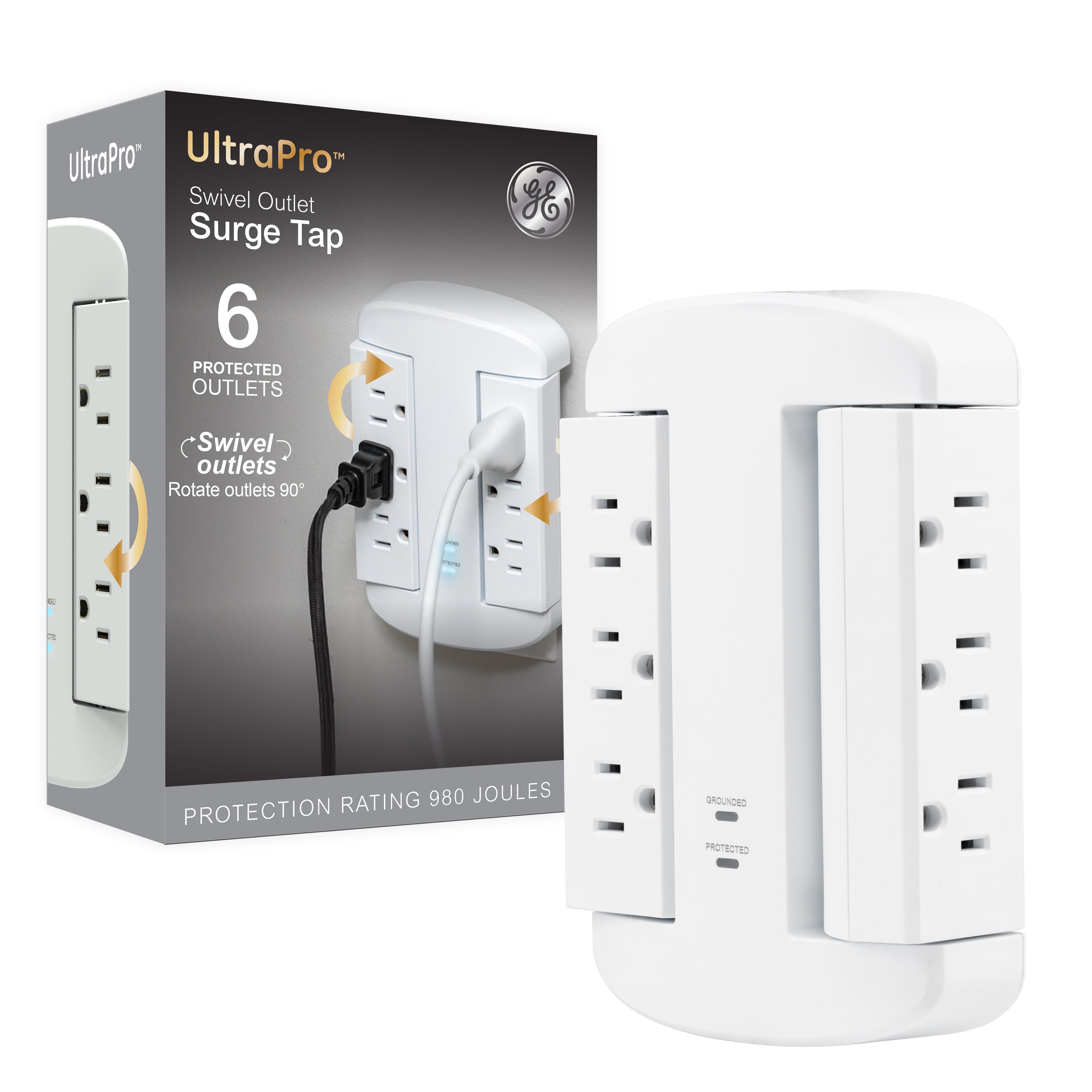 GE-branded UltraPro 6-Outlet Swivel Surge Tap, 980J, White